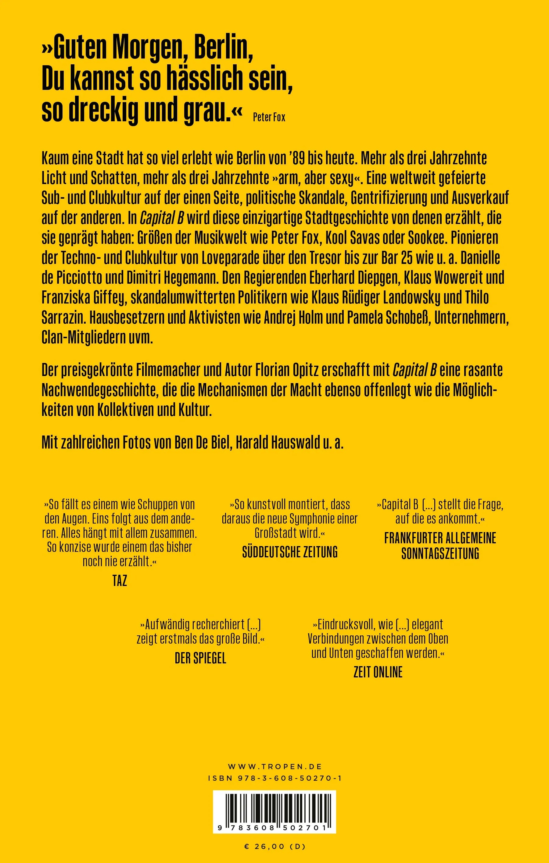 Buchrückseite von 'Capital B' mit Klappentext - Gebundene Ausgabe