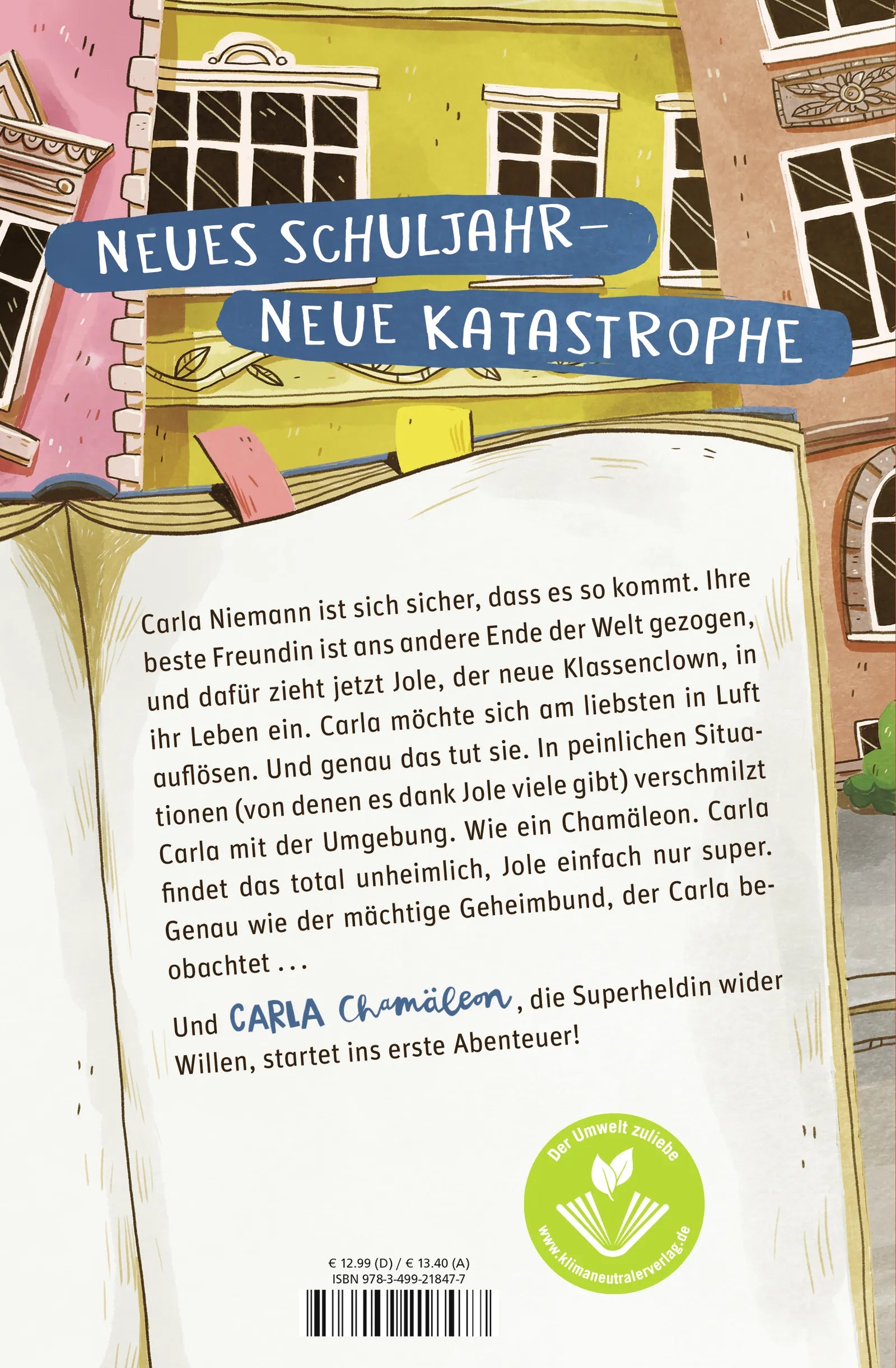 Buchrückseite von 'Carla Chamäleon: Oh Schreck, ich bin weg!' mit Klappentext - Gebundene Ausgabe