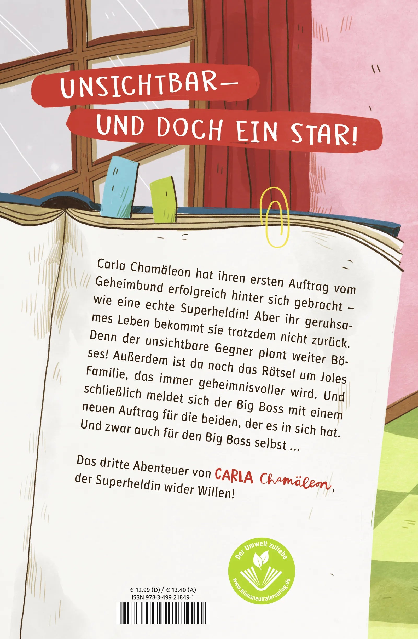 Buchrückseite von 'Carla Chamäleon: Wer ist hier der Big Boss?' mit Klappentext - Gebundene Ausgabe