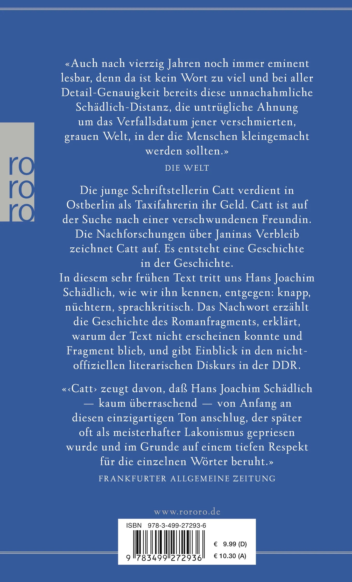 Buchrückseite von 'Catt' mit Klappentext - Taschenbuch
