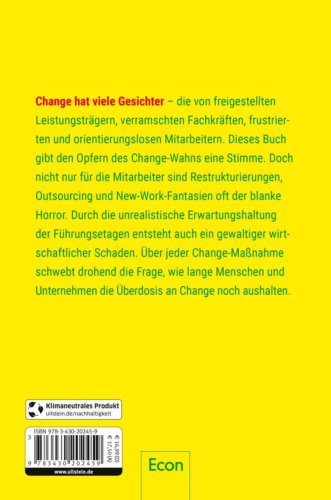 Buchrückseite von 'Change mich am Arsch' mit Klappentext - Paperback