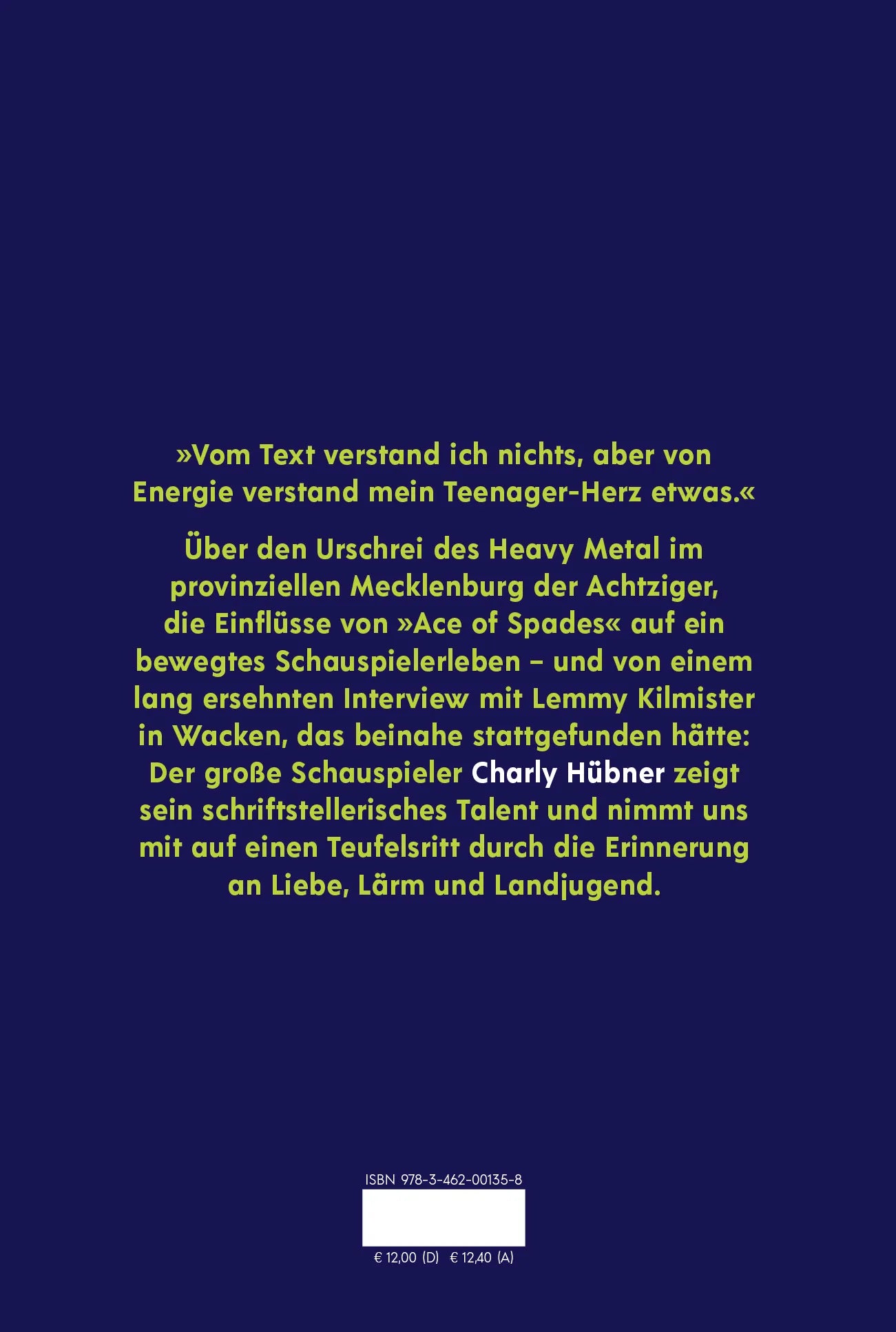 Buchrückseite von 'Charly Hübner über Motörhead oder Warum ich James Last dankbar sein sollte' mit Klappentext - Gebundene Ausgabe