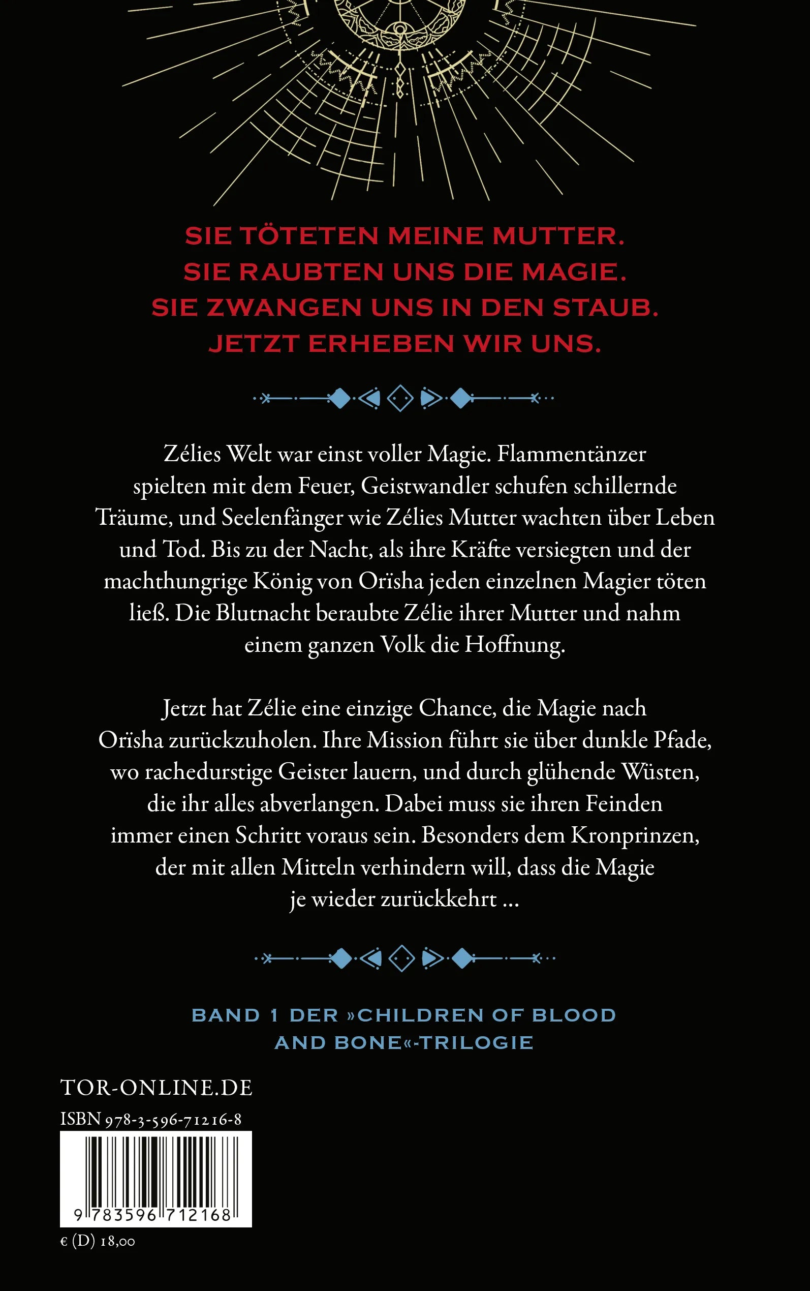 Buchrückseite von 'Children of Blood and Bone' mit Klappentext - Paperback