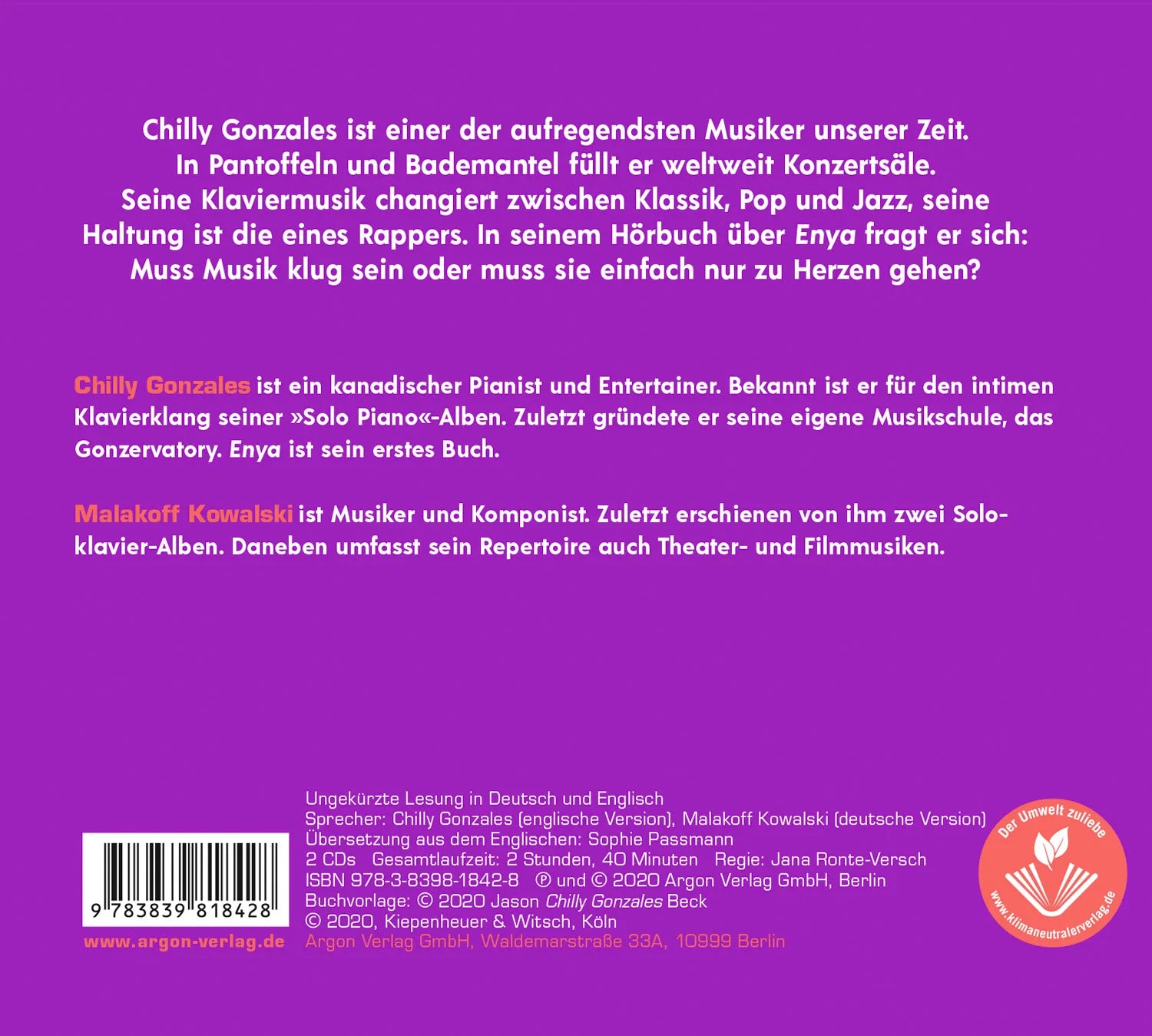Buchrückseite von 'Chilly Gonzales über Enya' mit Klappentext - Hörbuch (CD)