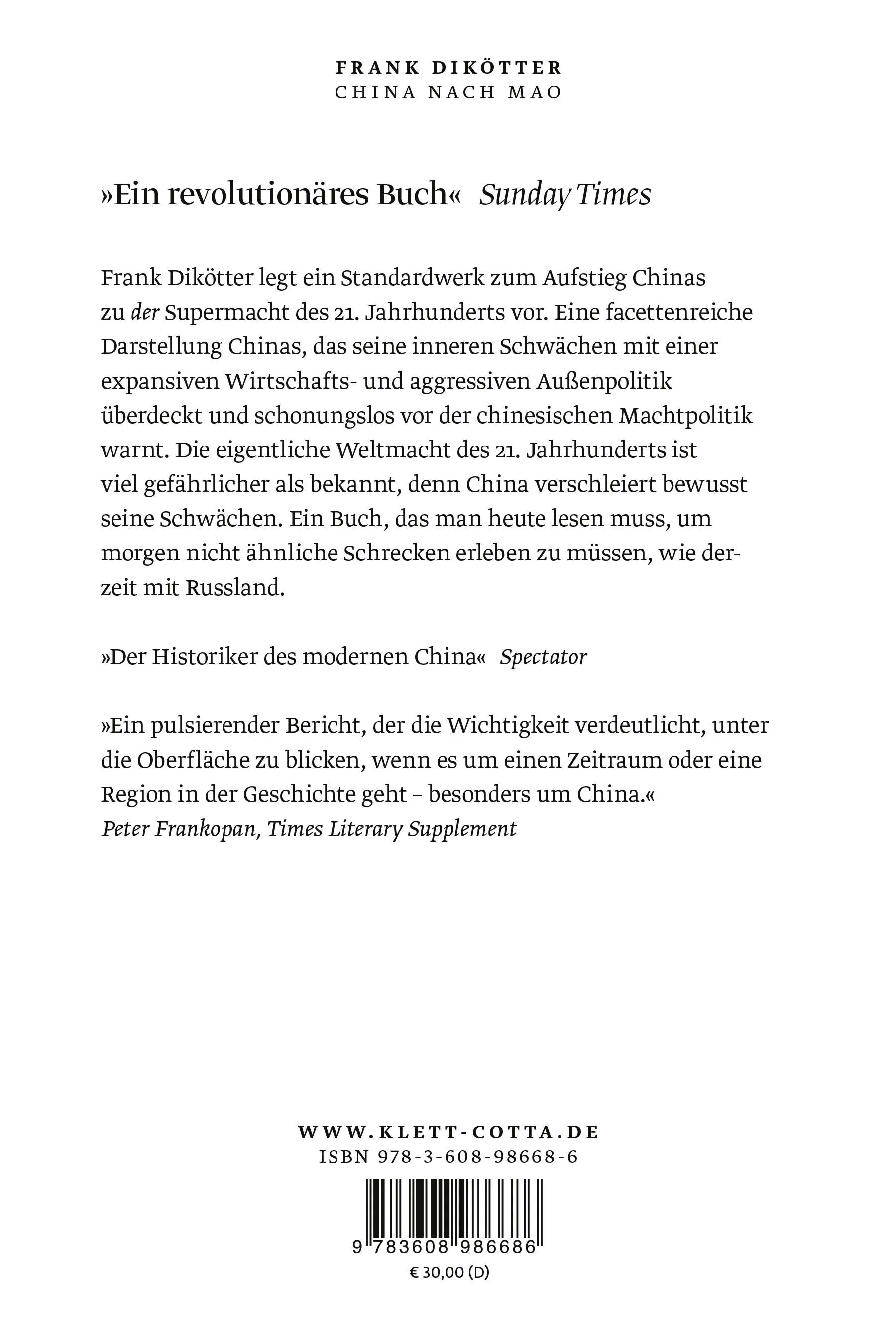 Buchrückseite von 'China nach Mao' mit Klappentext - Gebundene Ausgabe
