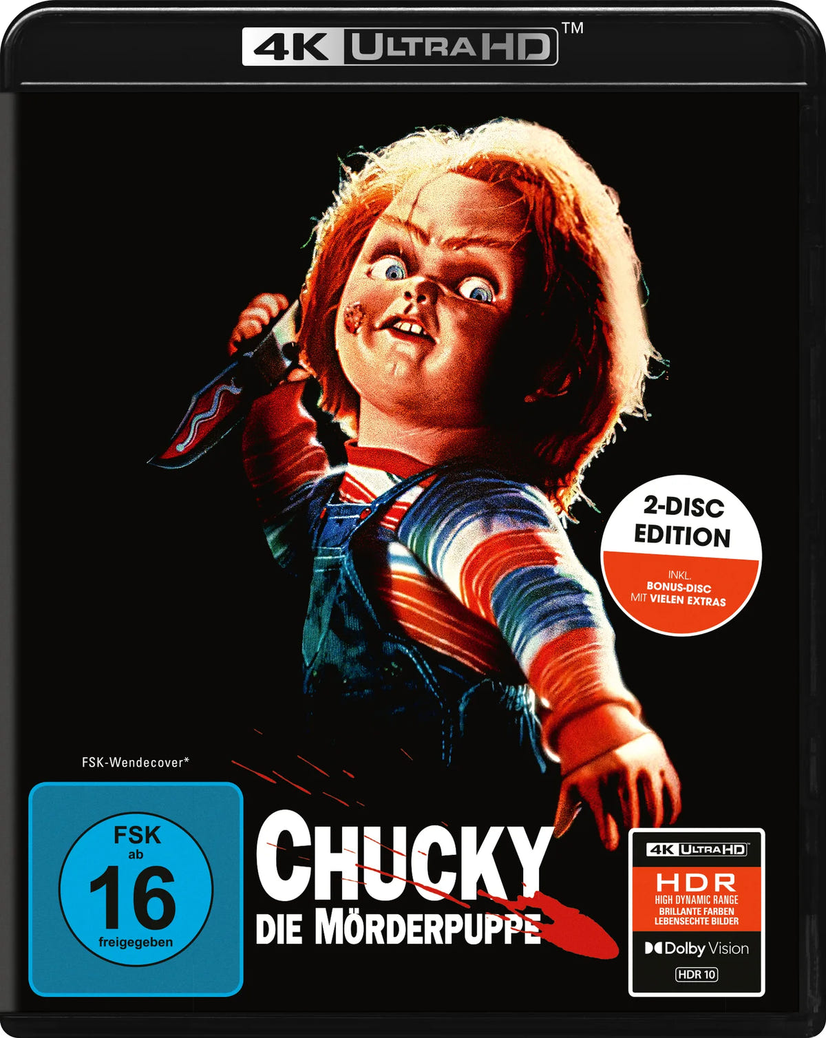 4K UHD Blu-ray-Cover: Chucky - Die Mörderpuppe - 2-Disc Edition. Regie: Tom Holland