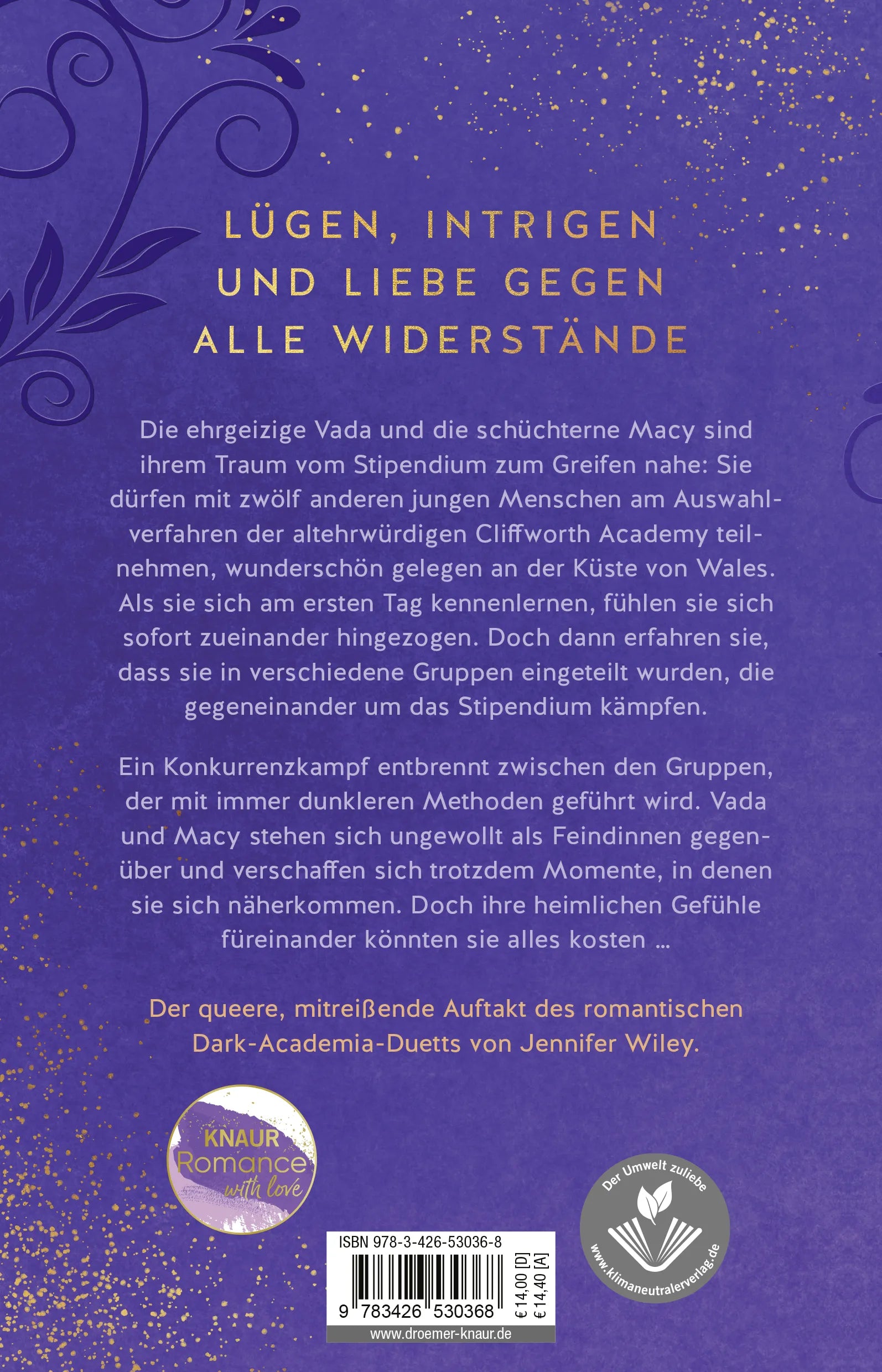Buchrückseite von 'Cliffworth Academy – Between Lies and Love' mit Klappentext - Paperback