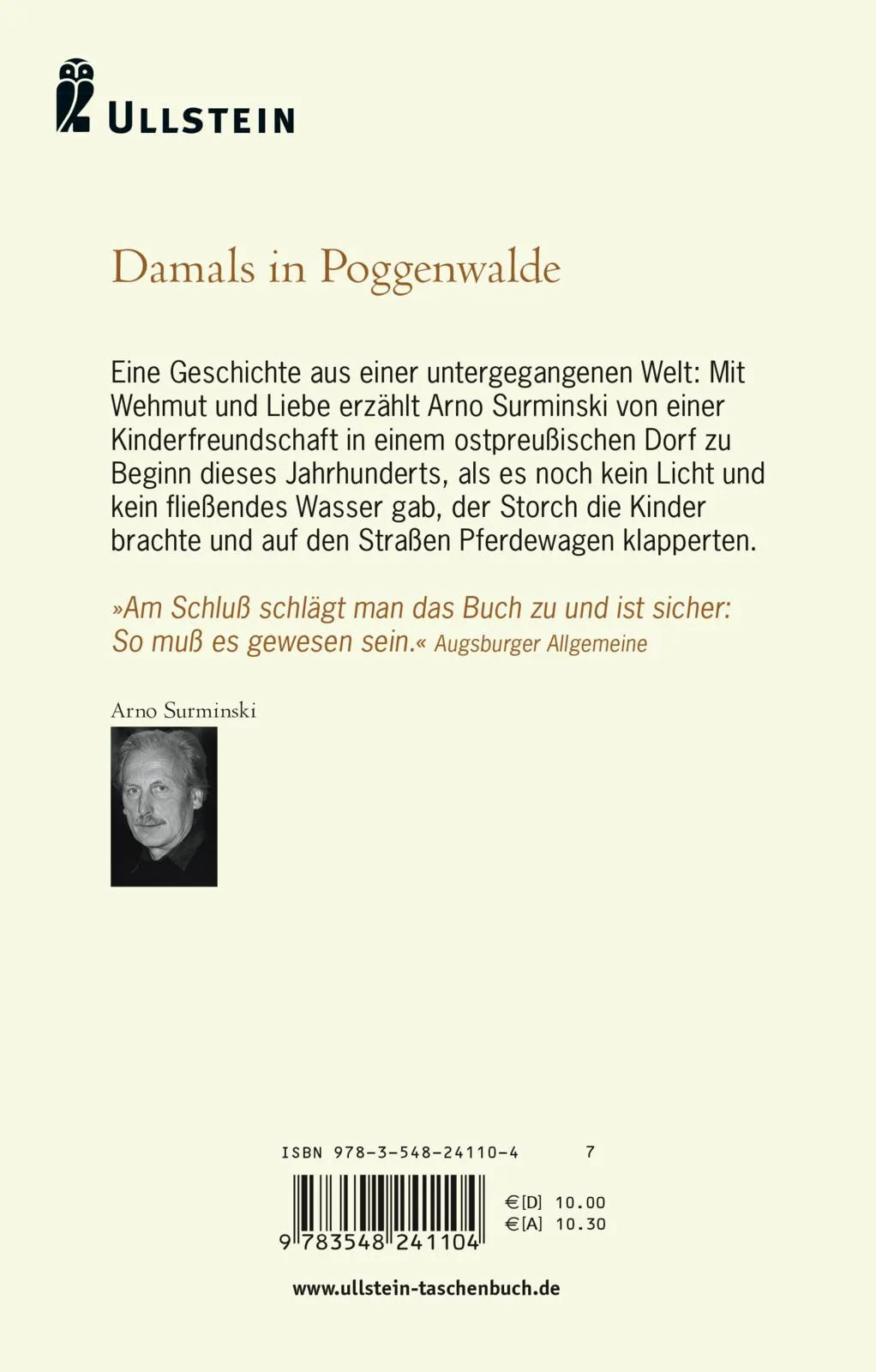 Buchrückseite von 'Damals in Poggenwalde' mit Klappentext - Taschenbuch
