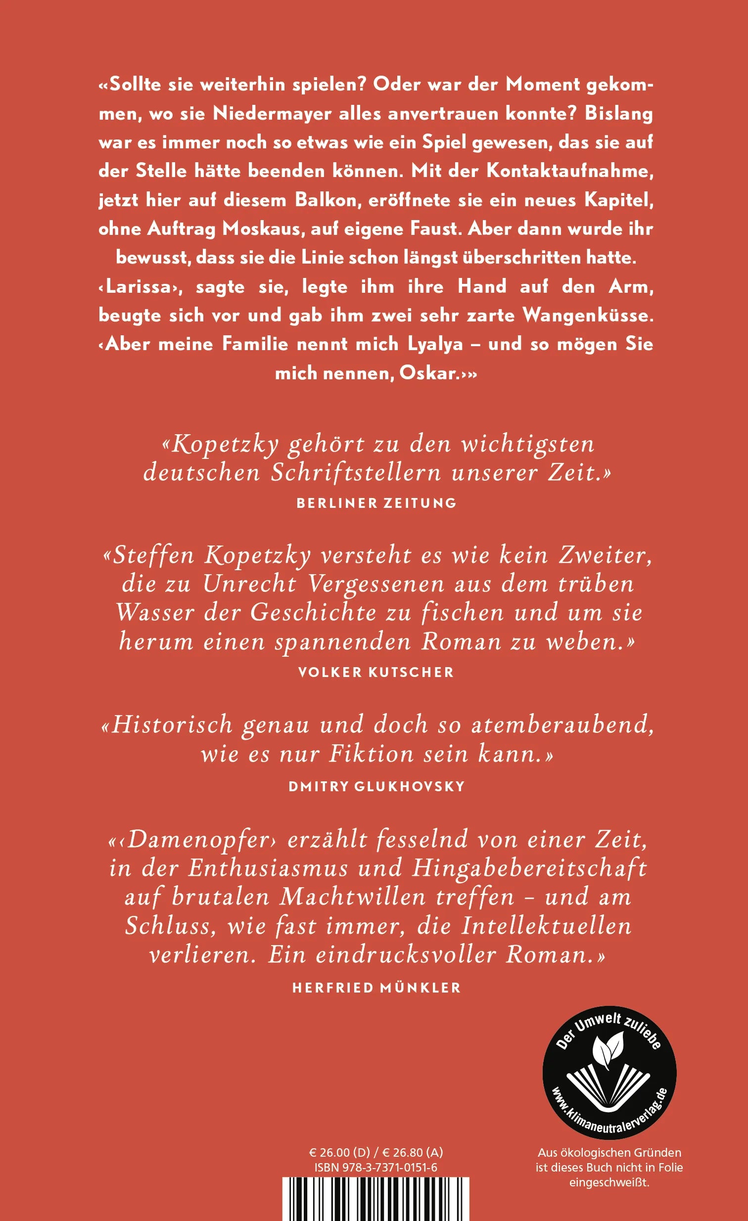 Buchrückseite von 'Damenopfer' mit Klappentext - Gebundene Ausgabe