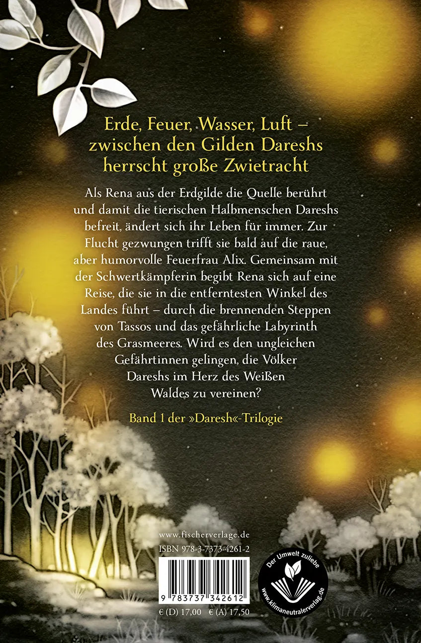 Buchrückseite von 'Daresh – Im Herz des Weißen Waldes' mit Klappentext - Gebundene Ausgabe