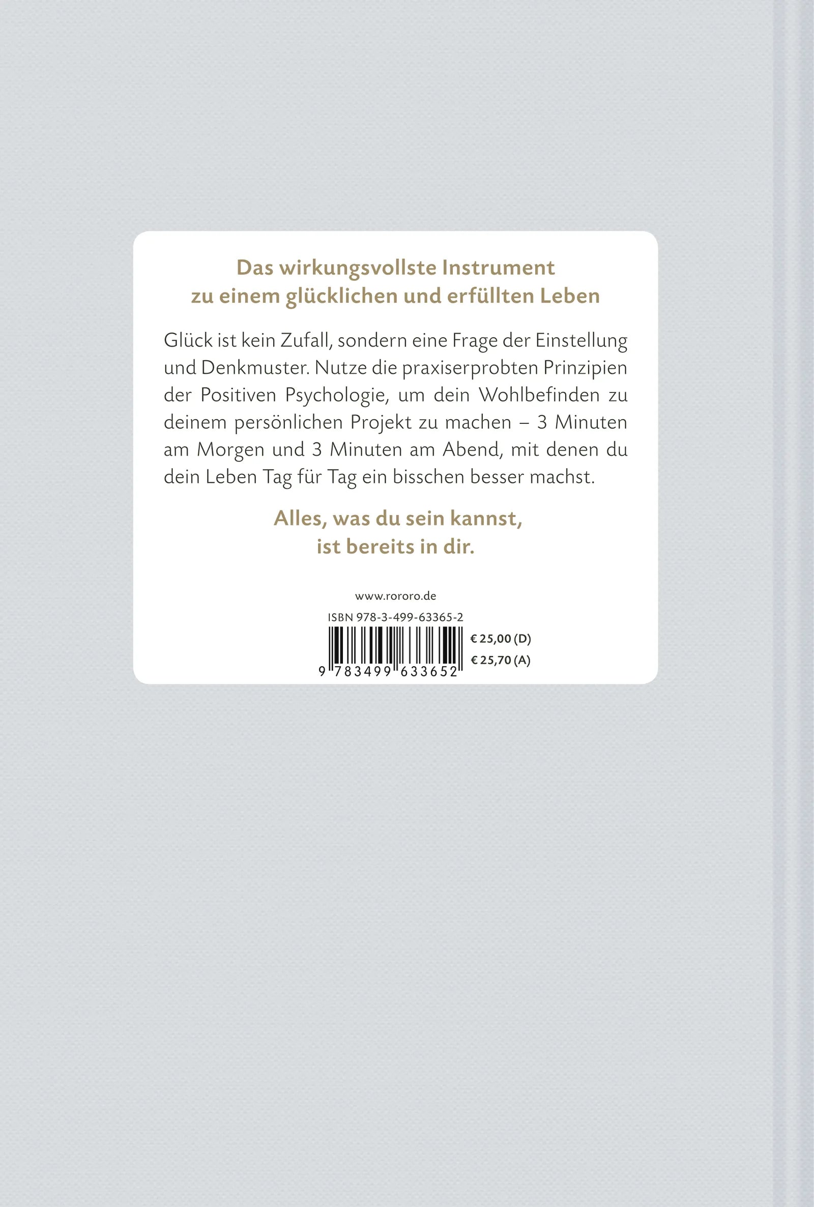 Buchrückseite von 'Das 6-Minuten-Tagebuch' mit Klappentext - Gebundene Ausgabe