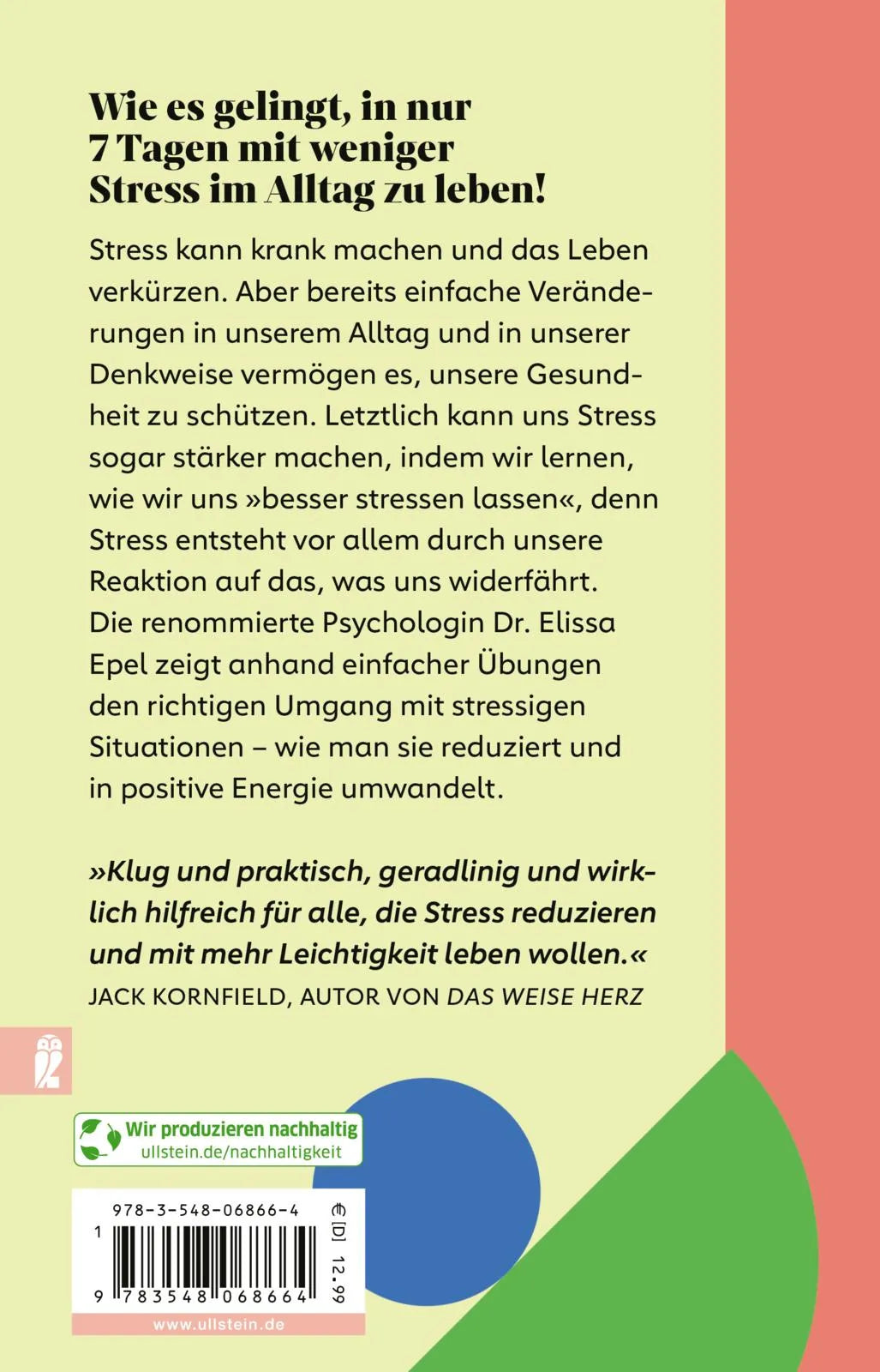 Buchrückseite von 'Das 7-Tage-Rezept für weniger Stress' mit Klappentext - Taschenbuch