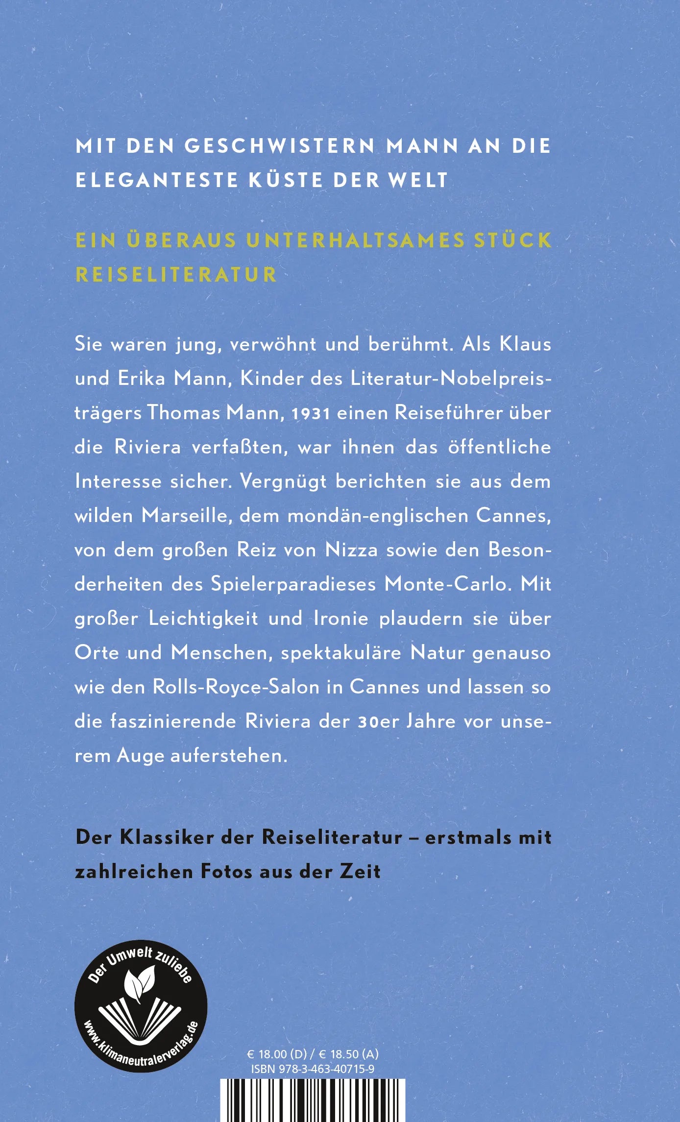 Buchrückseite von 'Das Buch von der Riviera' mit Klappentext - Gebundene Ausgabe