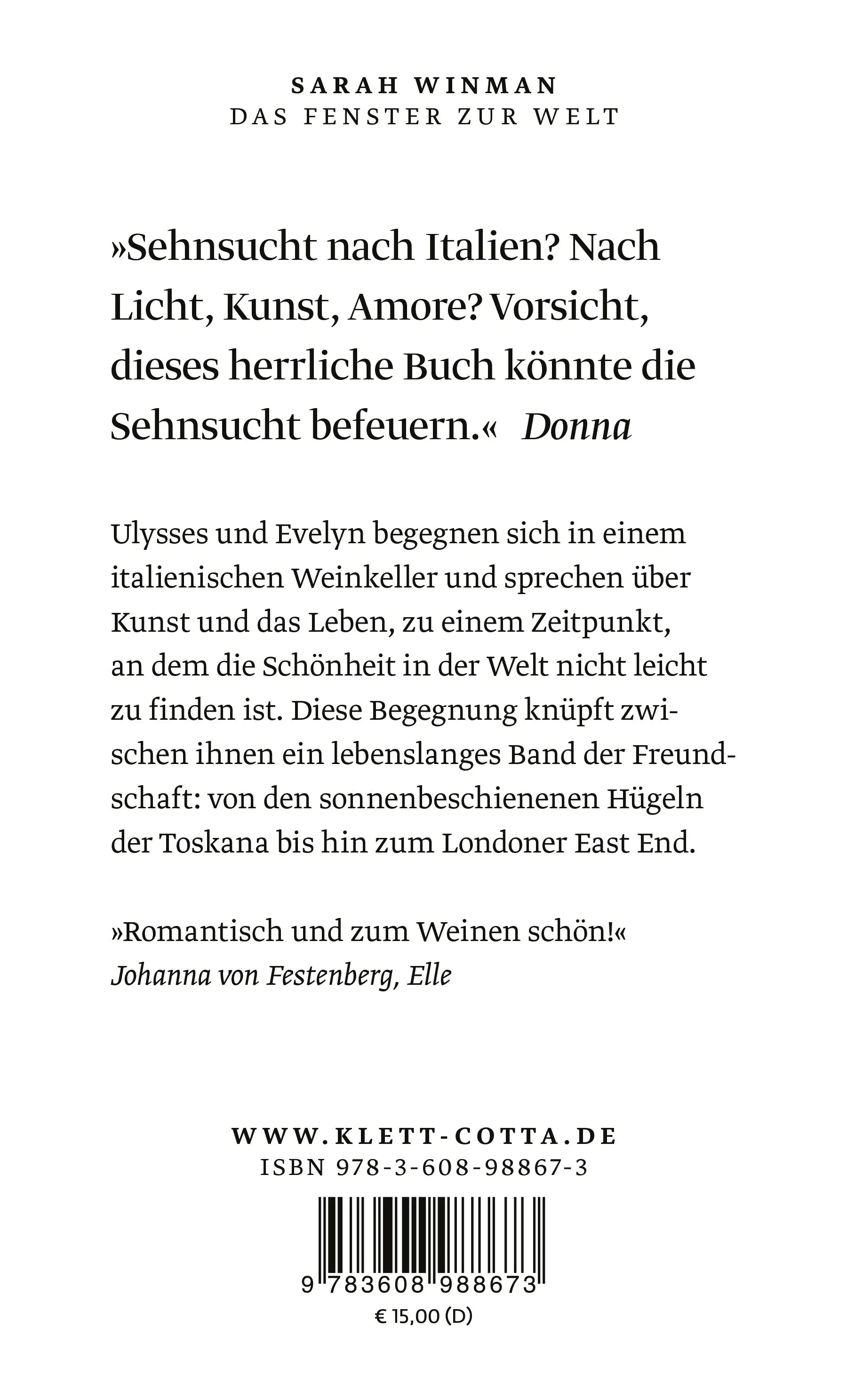 Buchrückseite von 'Das Fenster zur Welt' mit Klappentext - Taschenbuch