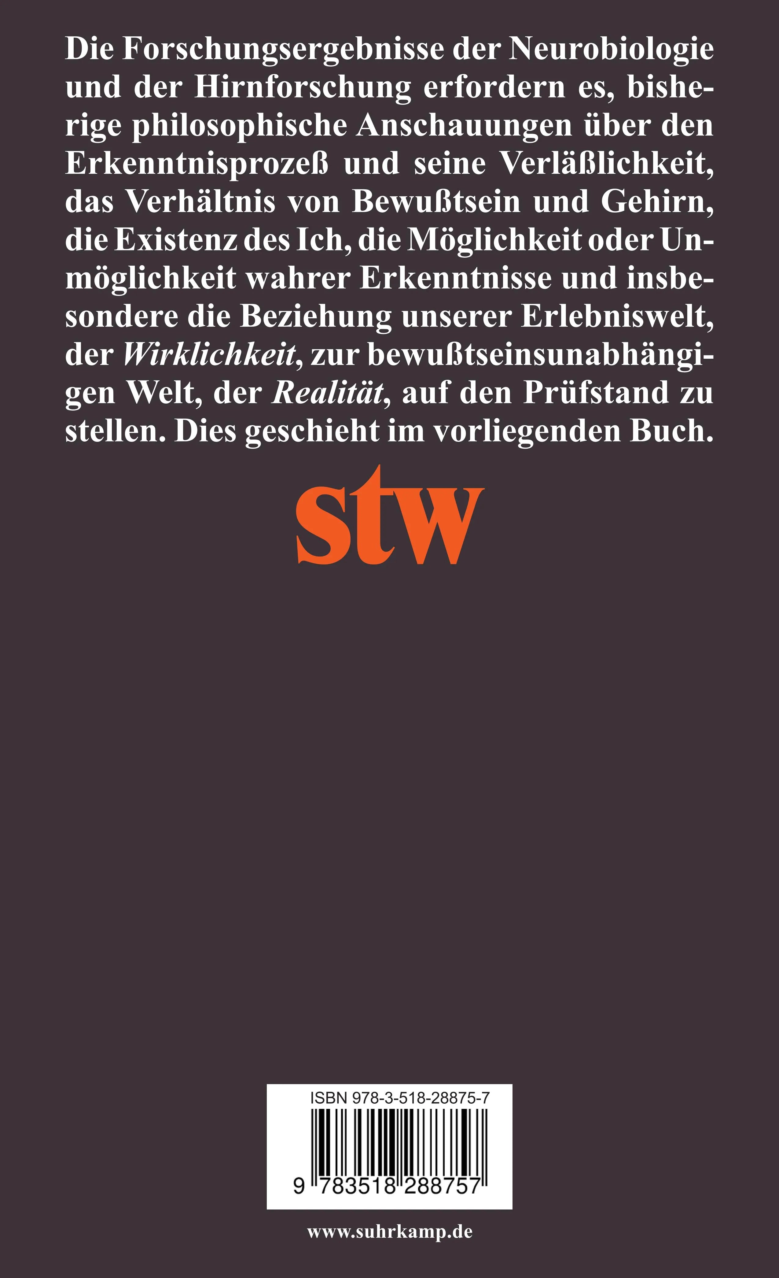 Buchrückseite von 'Das Gehirn und seine Wirklichkeit' mit Klappentext - Taschenbuch
