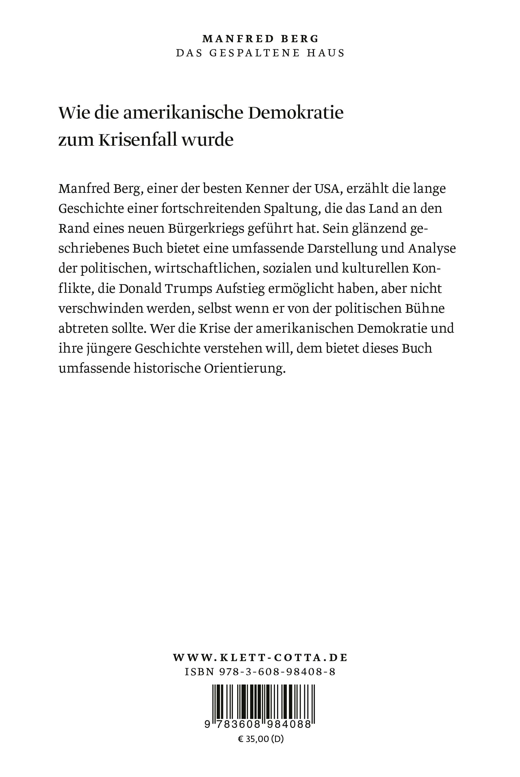Buchrückseite von 'Das gespaltene Haus' mit Klappentext - Gebundene Ausgabe