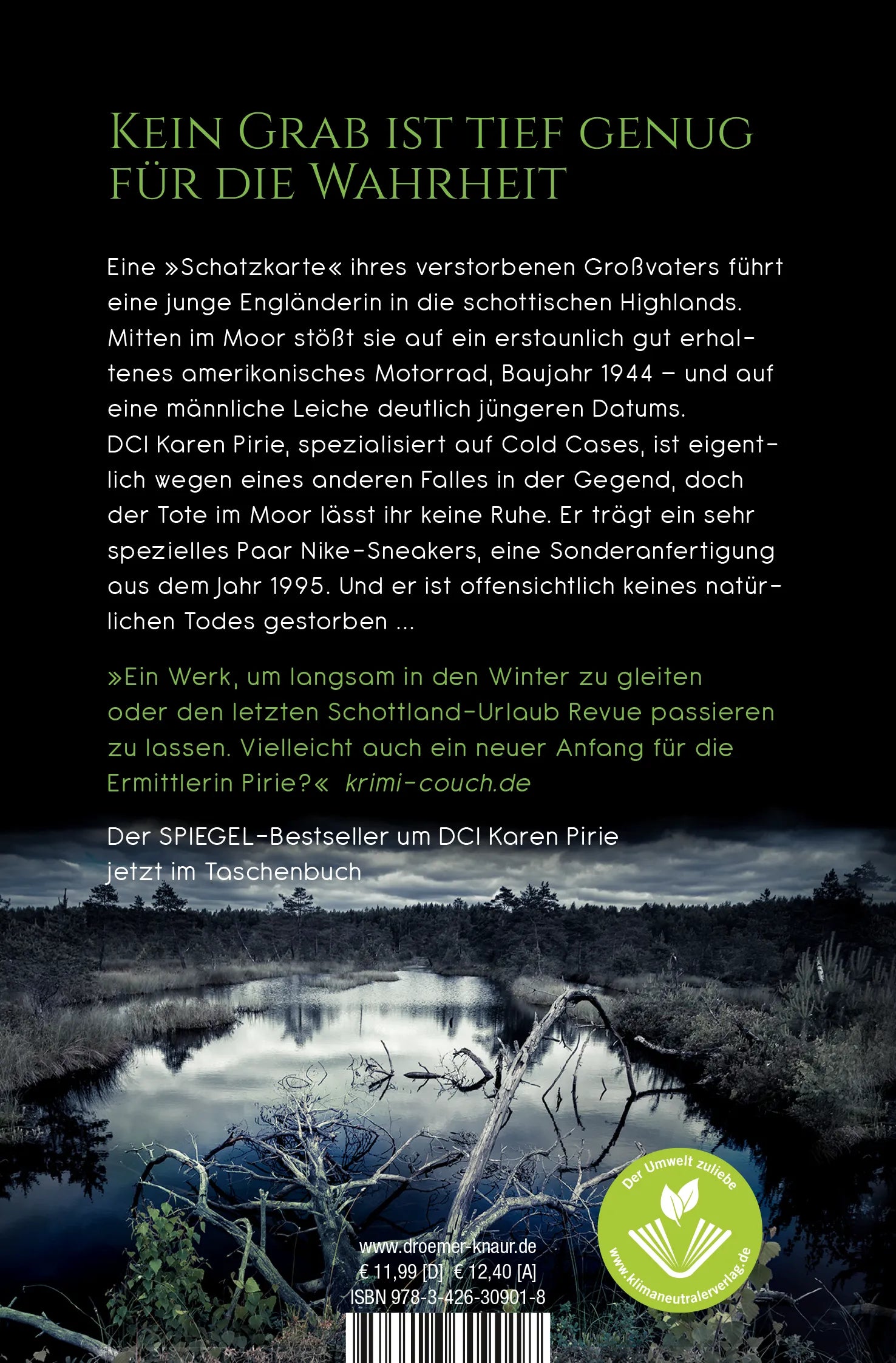 Buchrückseite von 'Das Grab im Moor' mit Klappentext - Taschenbuch