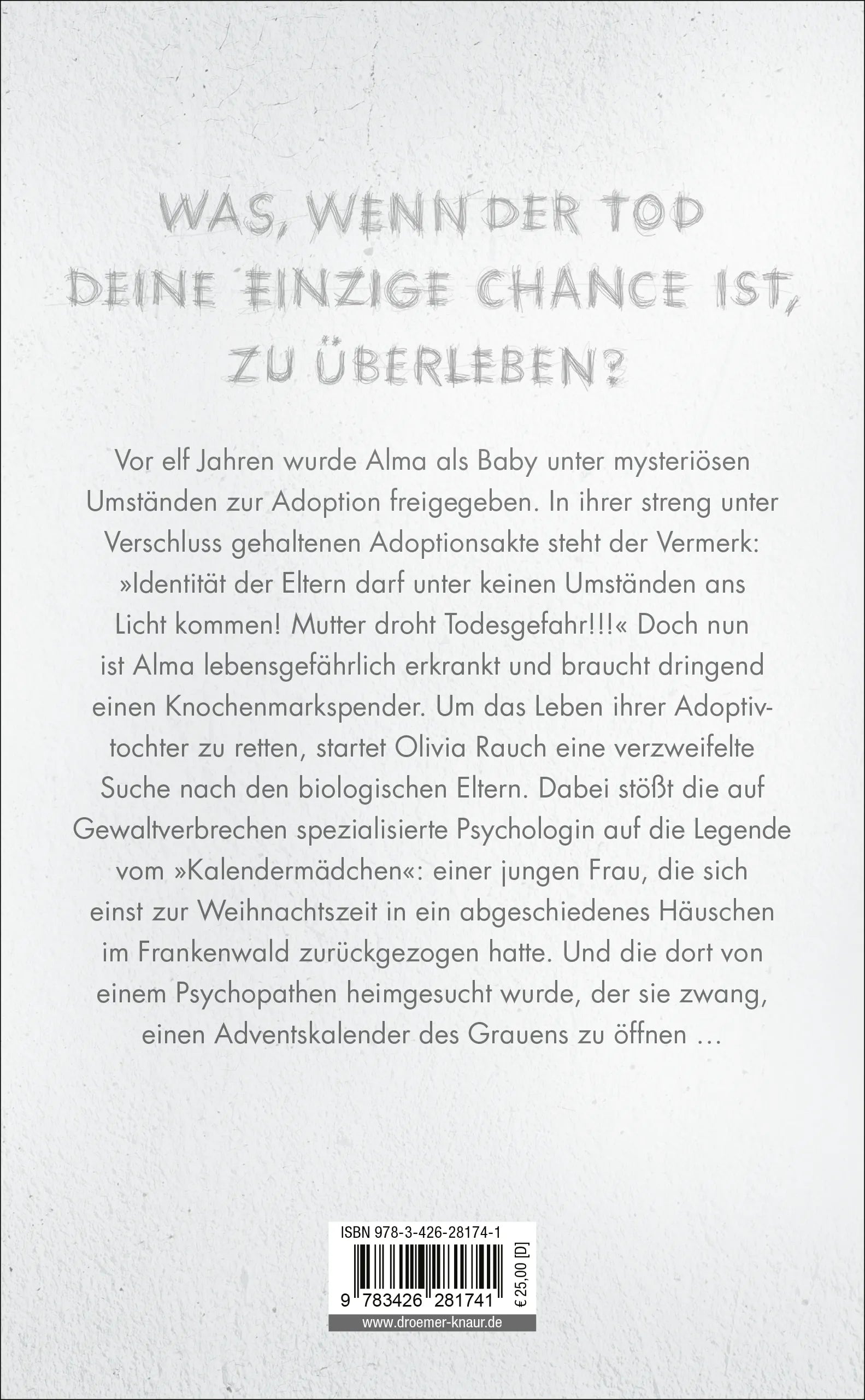 Buchrückseite von 'Das Kalendermädchen' mit Klappentext - Gebundene Ausgabe