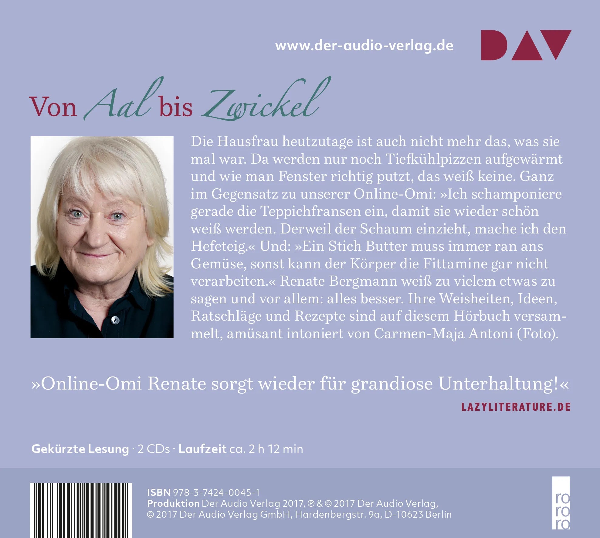 Buchrückseite von 'Das kann man doch noch essen. Renate Bergmanns großes Haushalts- und Kochbuch' mit Klappentext - Hörbuch (CD)