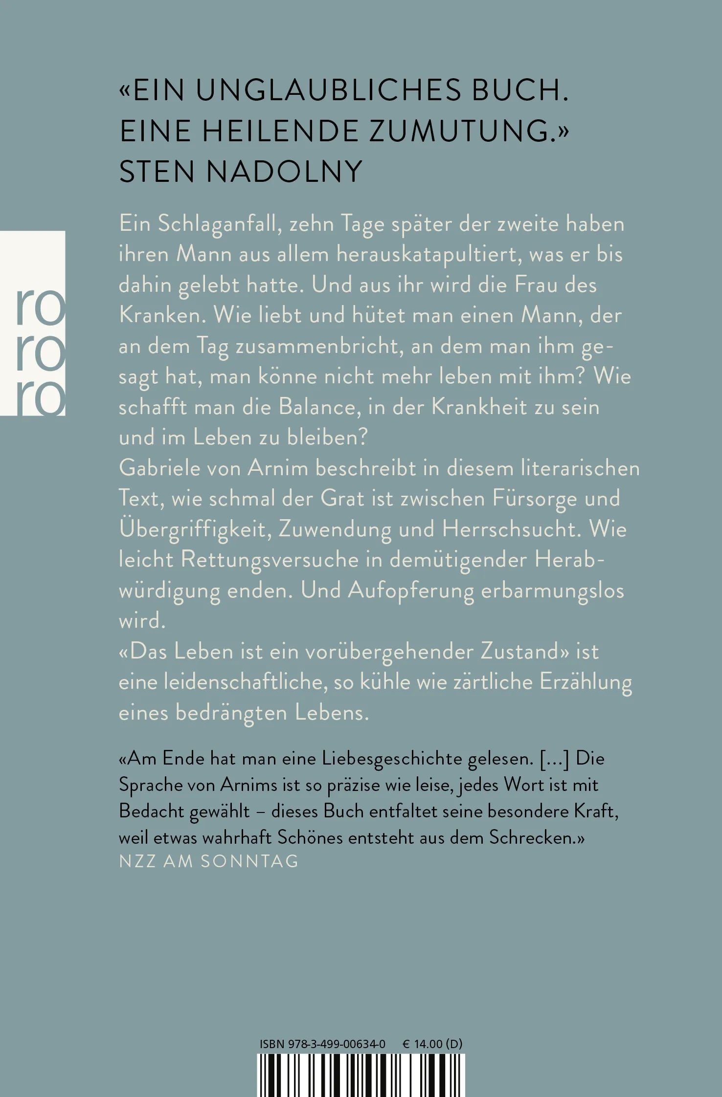Buchrückseite von 'Das Leben ist ein vorübergehender Zustand' mit Klappentext - Taschenbuch