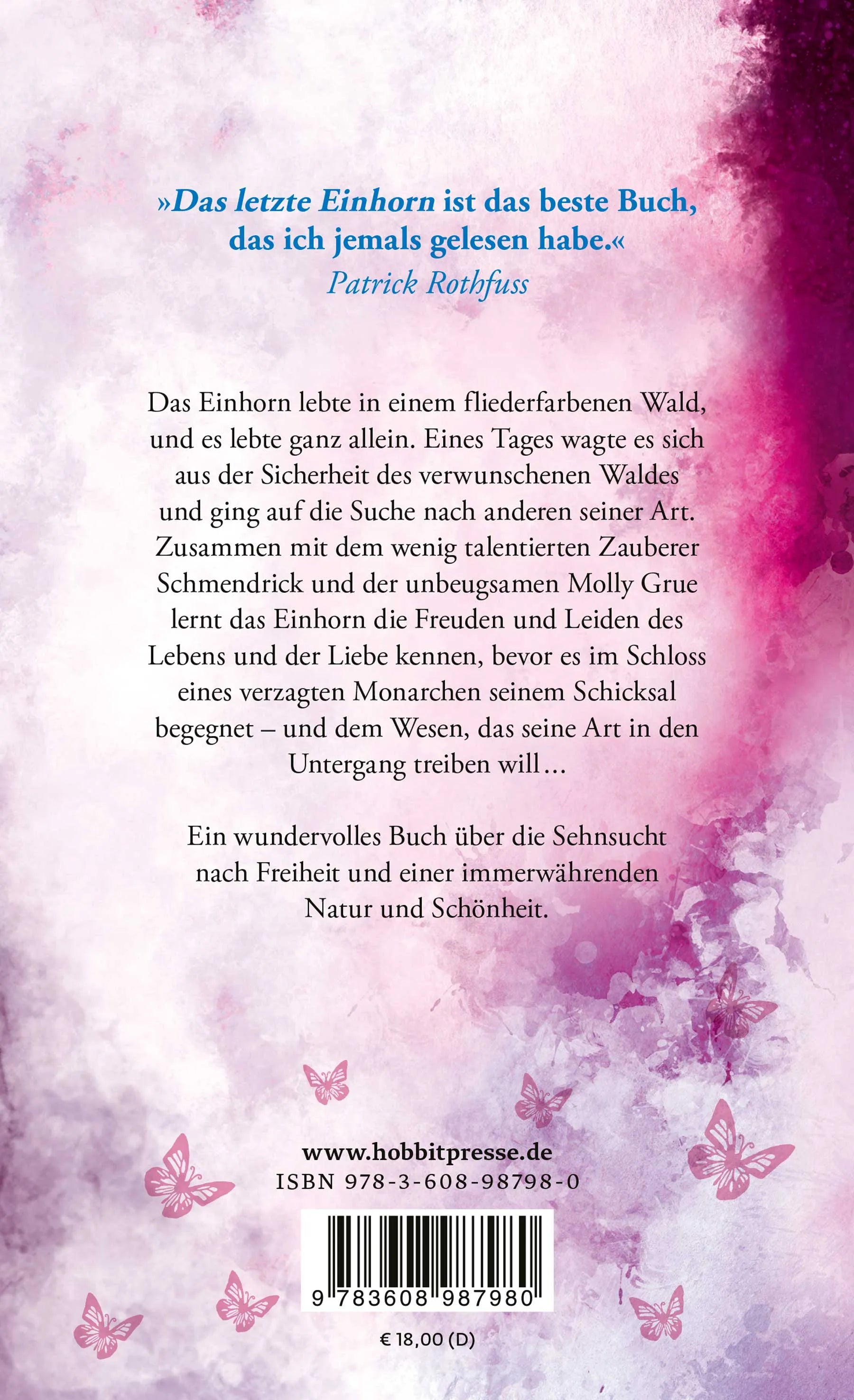 Buchrückseite von 'Das letzte Einhorn' mit Klappentext - Taschenbuch