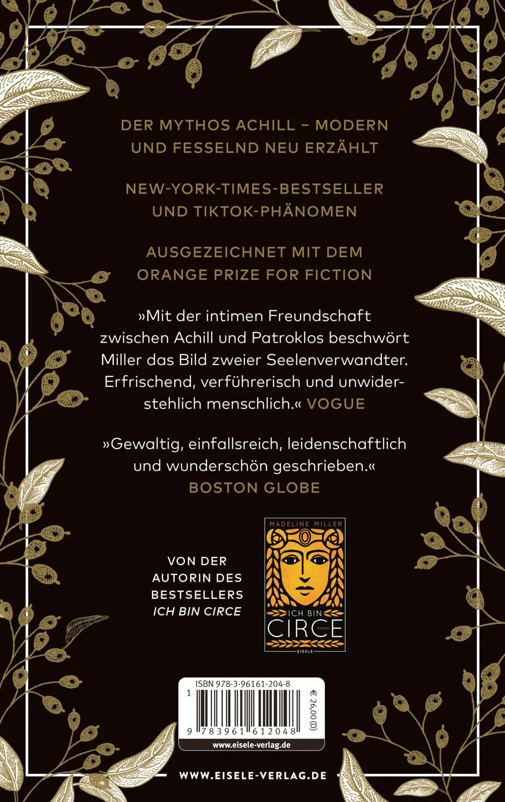 Buchrückseite von 'Das Lied des Achill' mit Klappentext - Gebundene Ausgabe