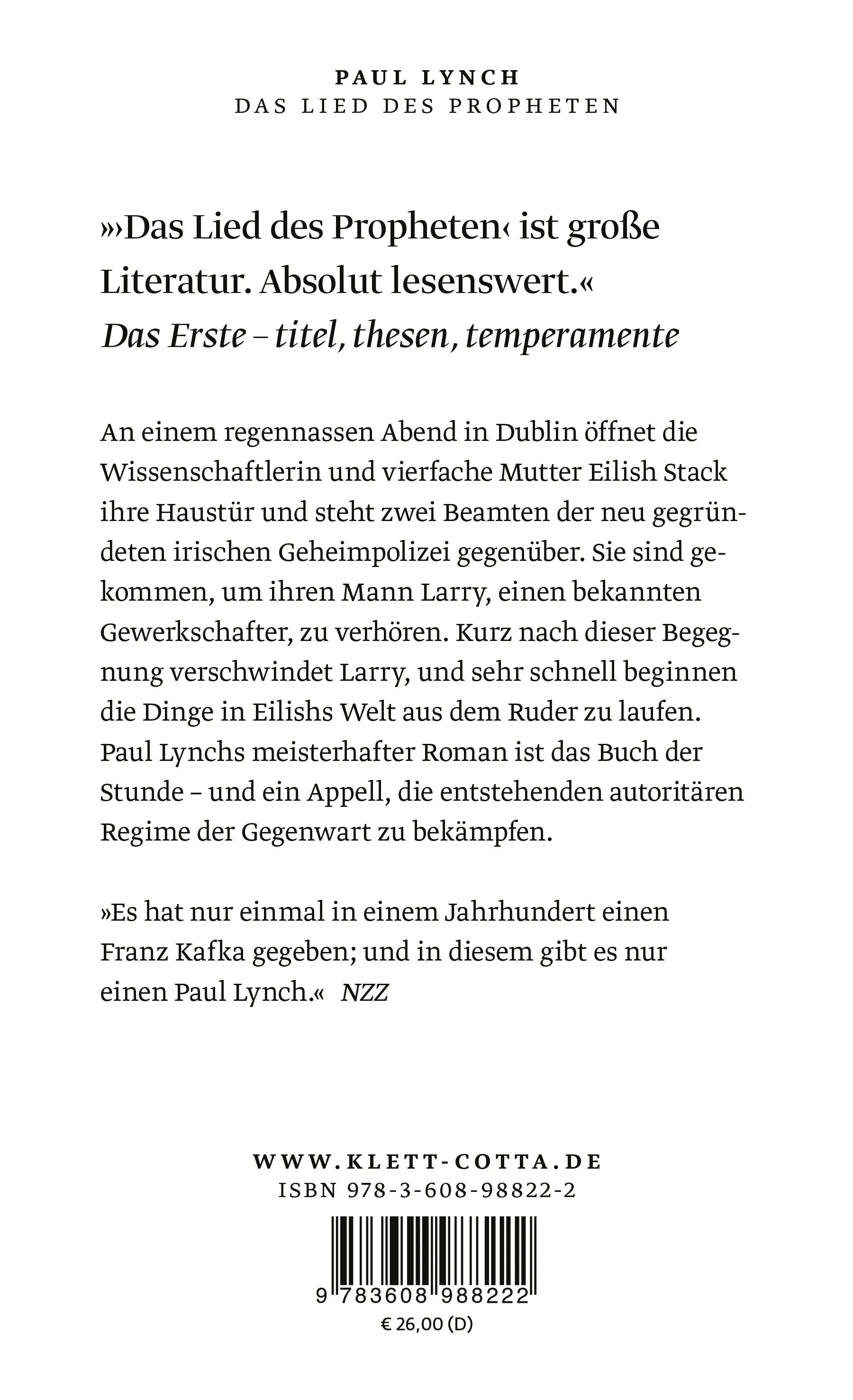 Buchrückseite von 'Das Lied des Propheten' mit Klappentext - Gebundene Ausgabe