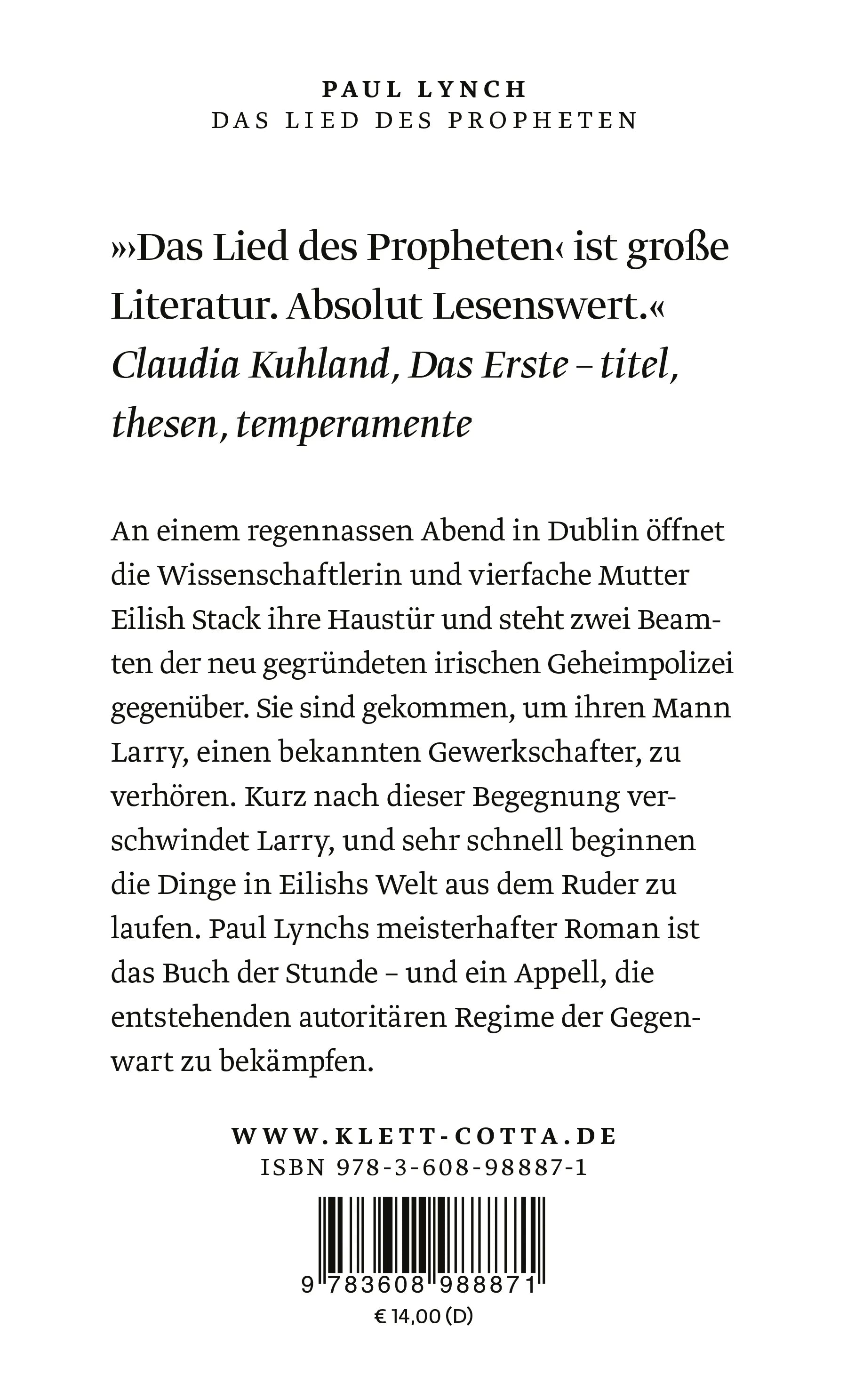 Buchrückseite von 'Das Lied des Propheten' mit Klappentext - Taschenbuch