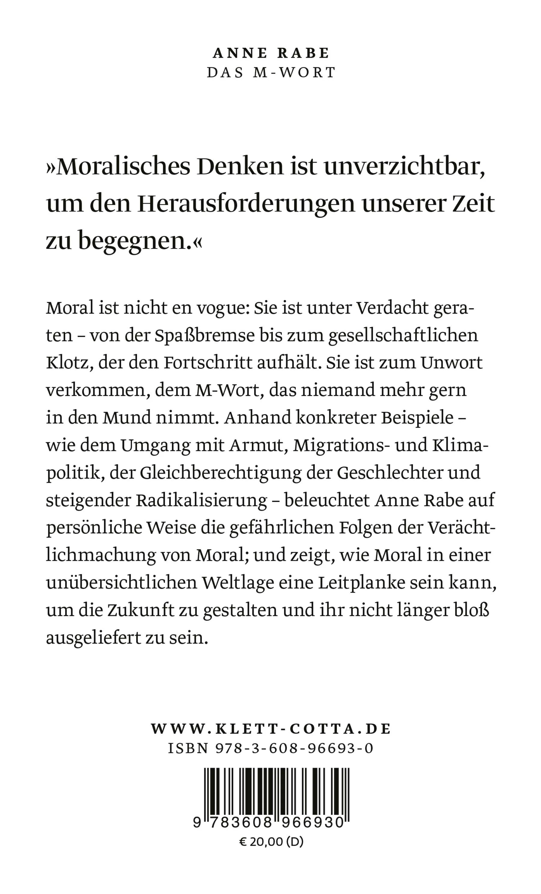 Buchrückseite von 'Das M-Wort' mit Klappentext - Gebundene Ausgabe