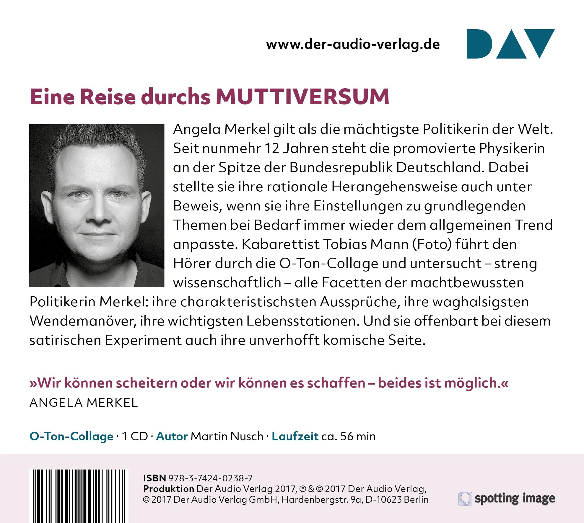 Buchrückseite von 'Das Merkel-Experiment. Die lustigsten O-Töne von Angela Merkel' mit Klappentext - Hörbuch (CD)
