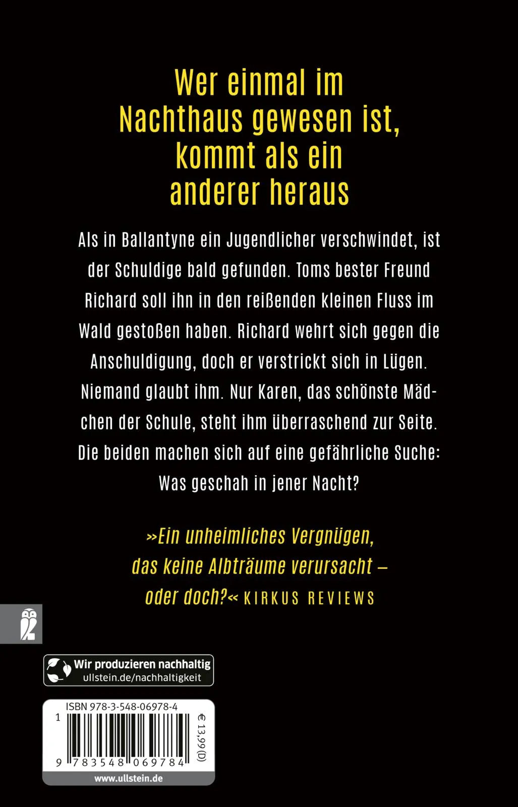 Buchrückseite von 'Das Nachthaus' mit Klappentext - Taschenbuch