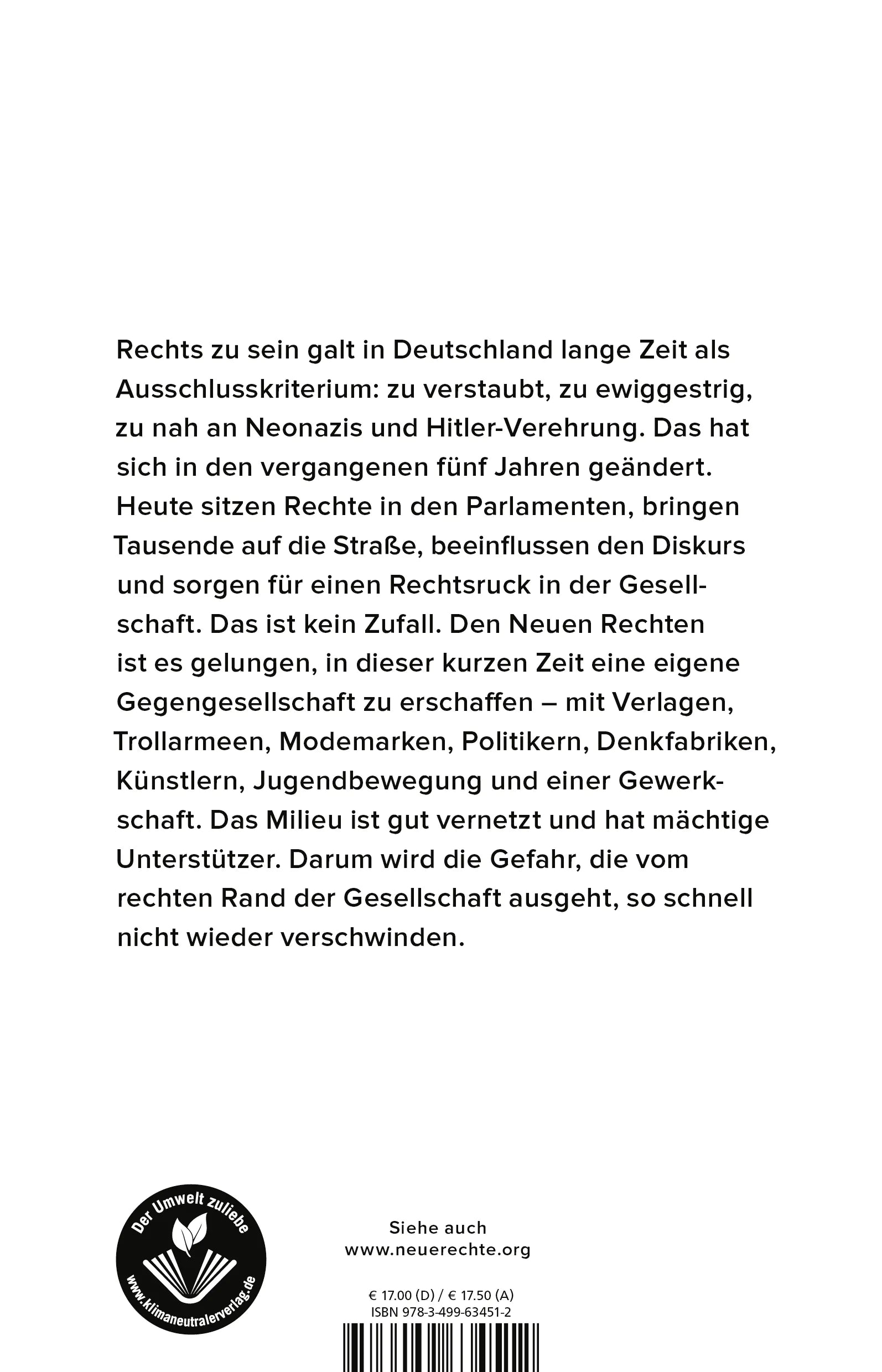 Buchrückseite von 'Das Netzwerk der Neuen Rechten' mit Klappentext - Paperback