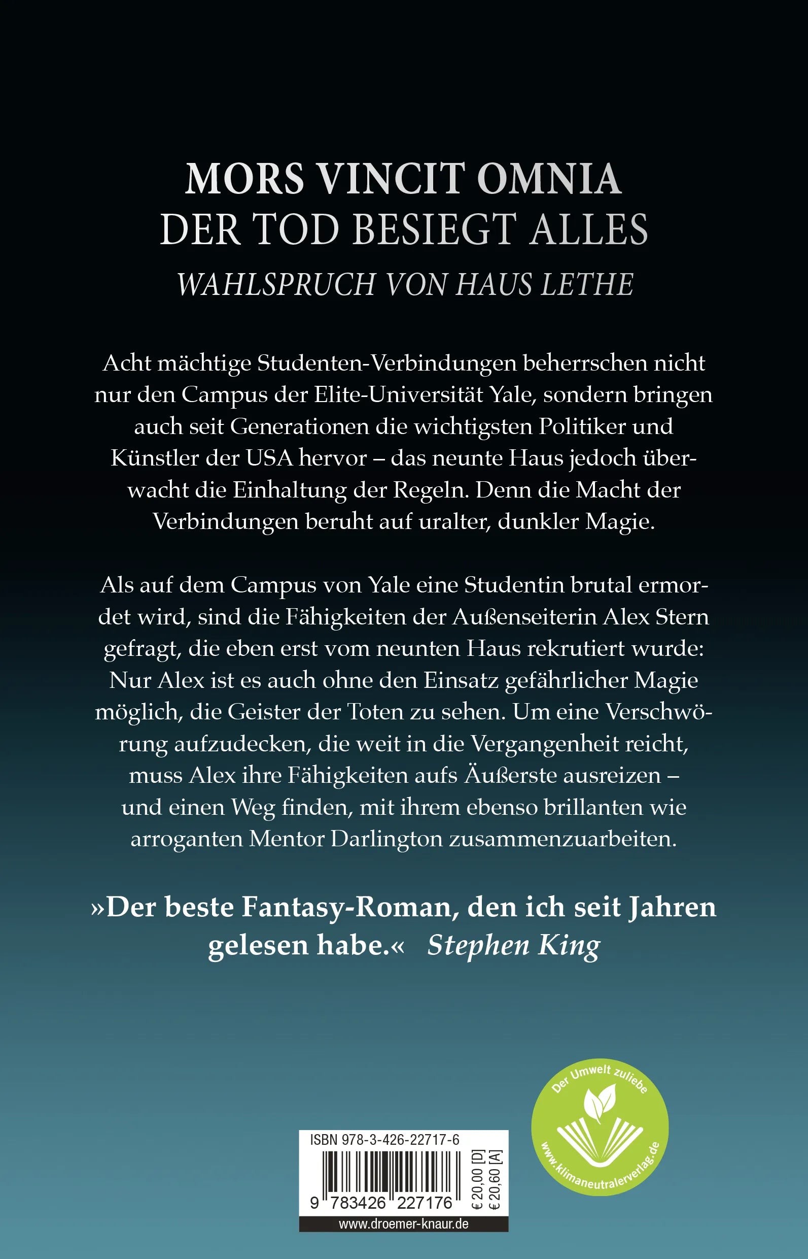 Buchrückseite von 'Das neunte Haus' mit Klappentext - Paperback