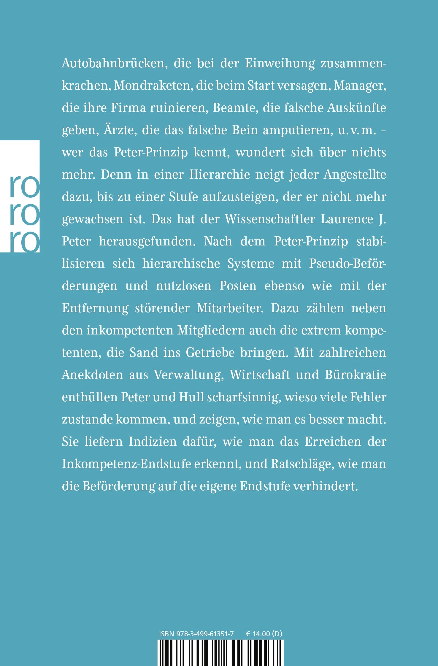 Buchrückseite von 'Das Peter-Prinzip' mit Klappentext - Taschenbuch