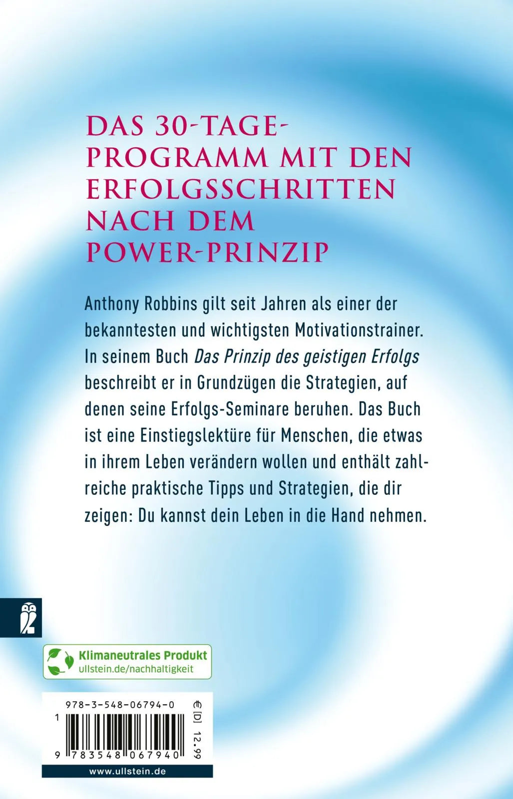 Buchrückseite von 'Das Prinzip des geistigen Erfolgs' mit Klappentext - Taschenbuch