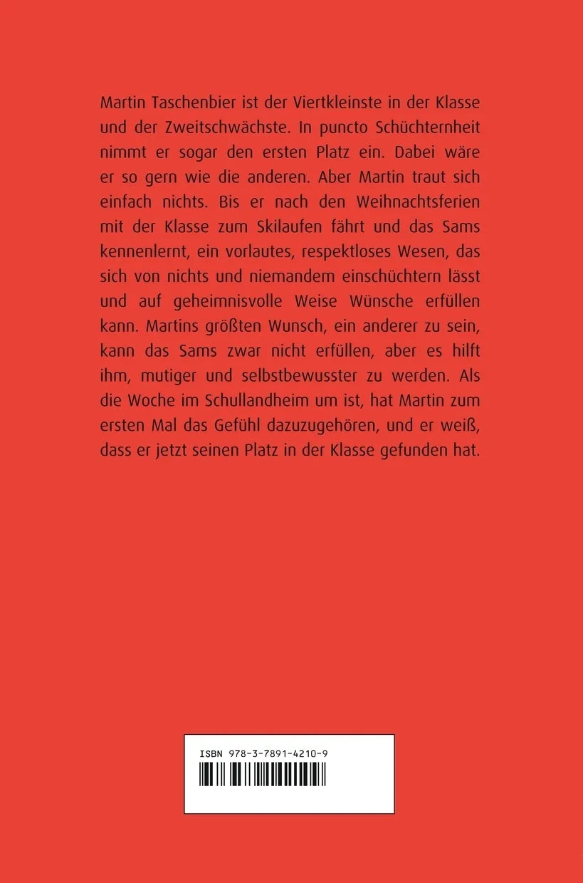 Buchrückseite von 'Das Sams 4. Ein Sams für Martin Taschenbier' mit Klappentext - Gebundene Ausgabe