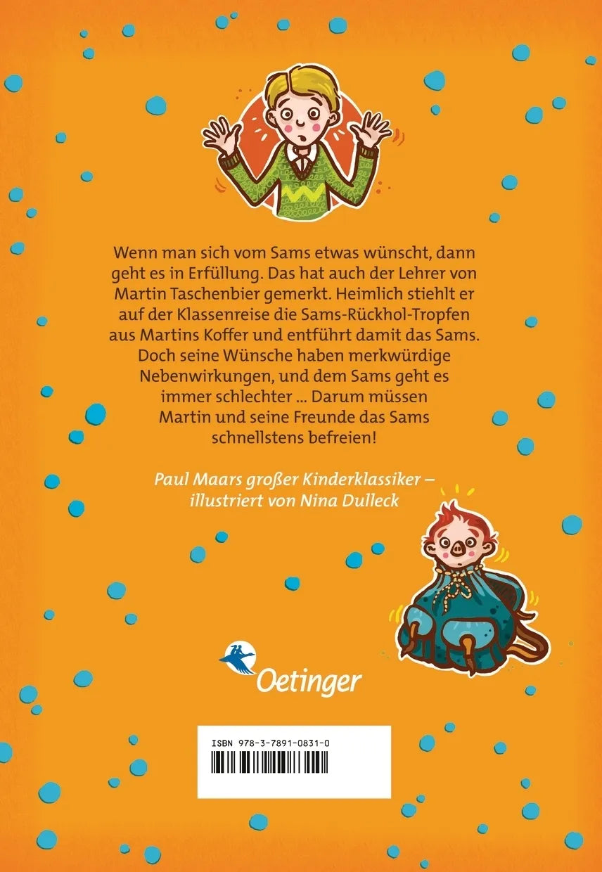 Buchrückseite von 'Das Sams 5. Sams in Gefahr' mit Klappentext - Gebundene Ausgabe