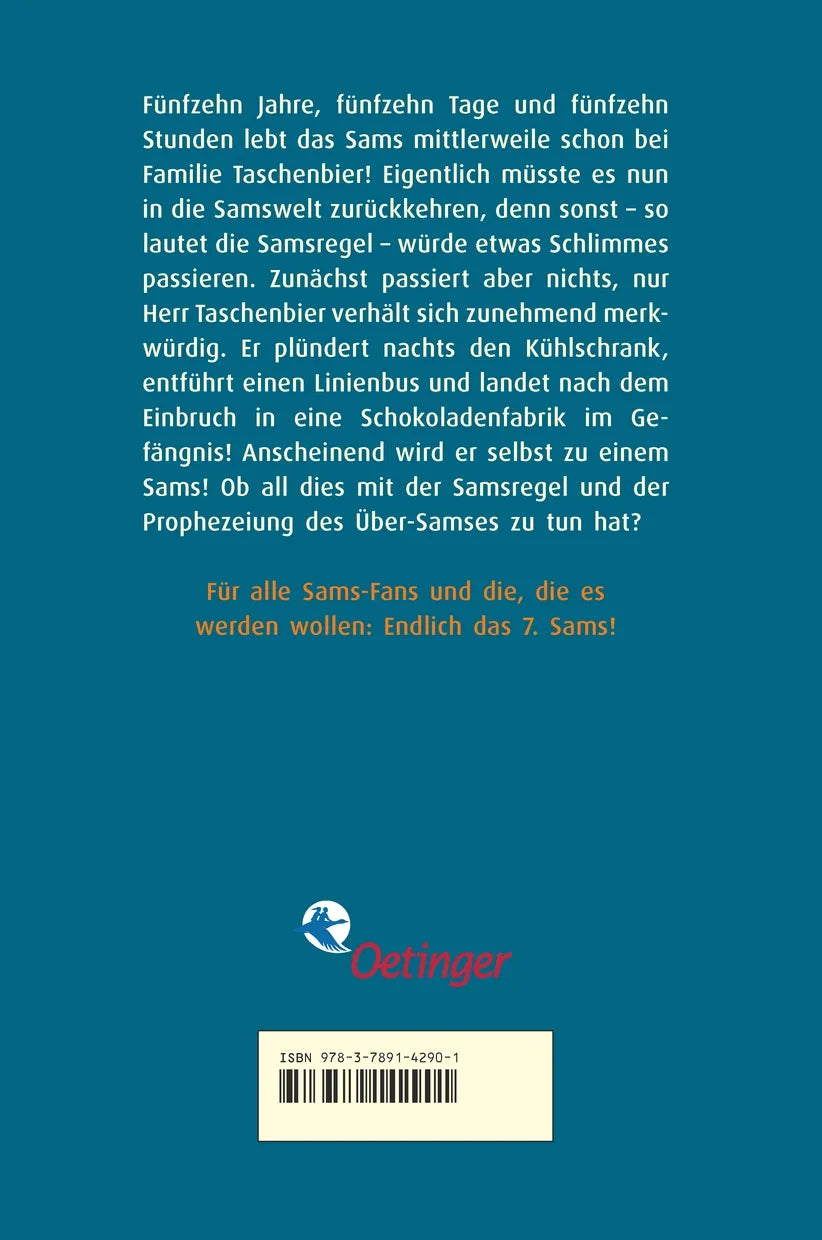 Buchrückseite von 'Das Sams 7. Sams im Glück' mit Klappentext - Gebundene Ausgabe