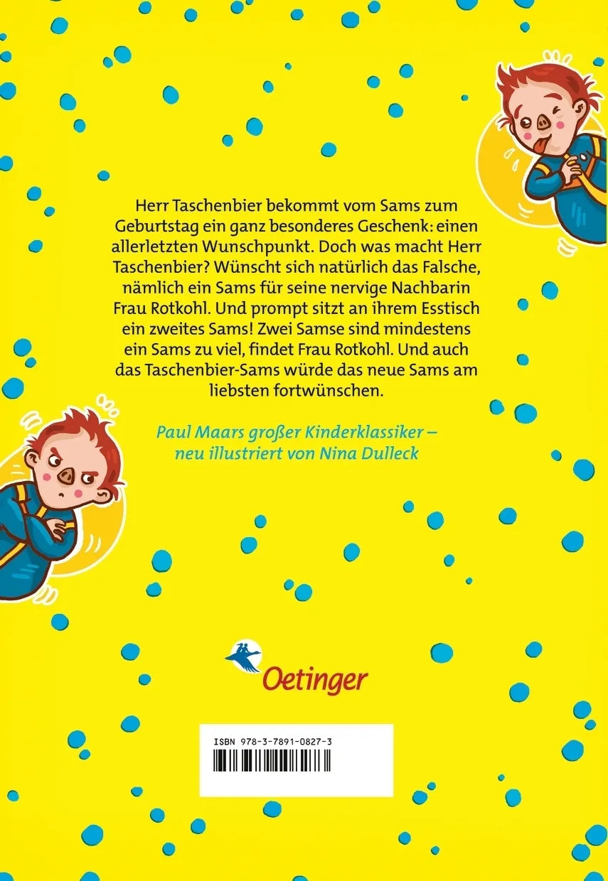 Buchrückseite von 'Das Sams 8. Ein Sams zu viel' mit Klappentext - Gebundene Ausgabe