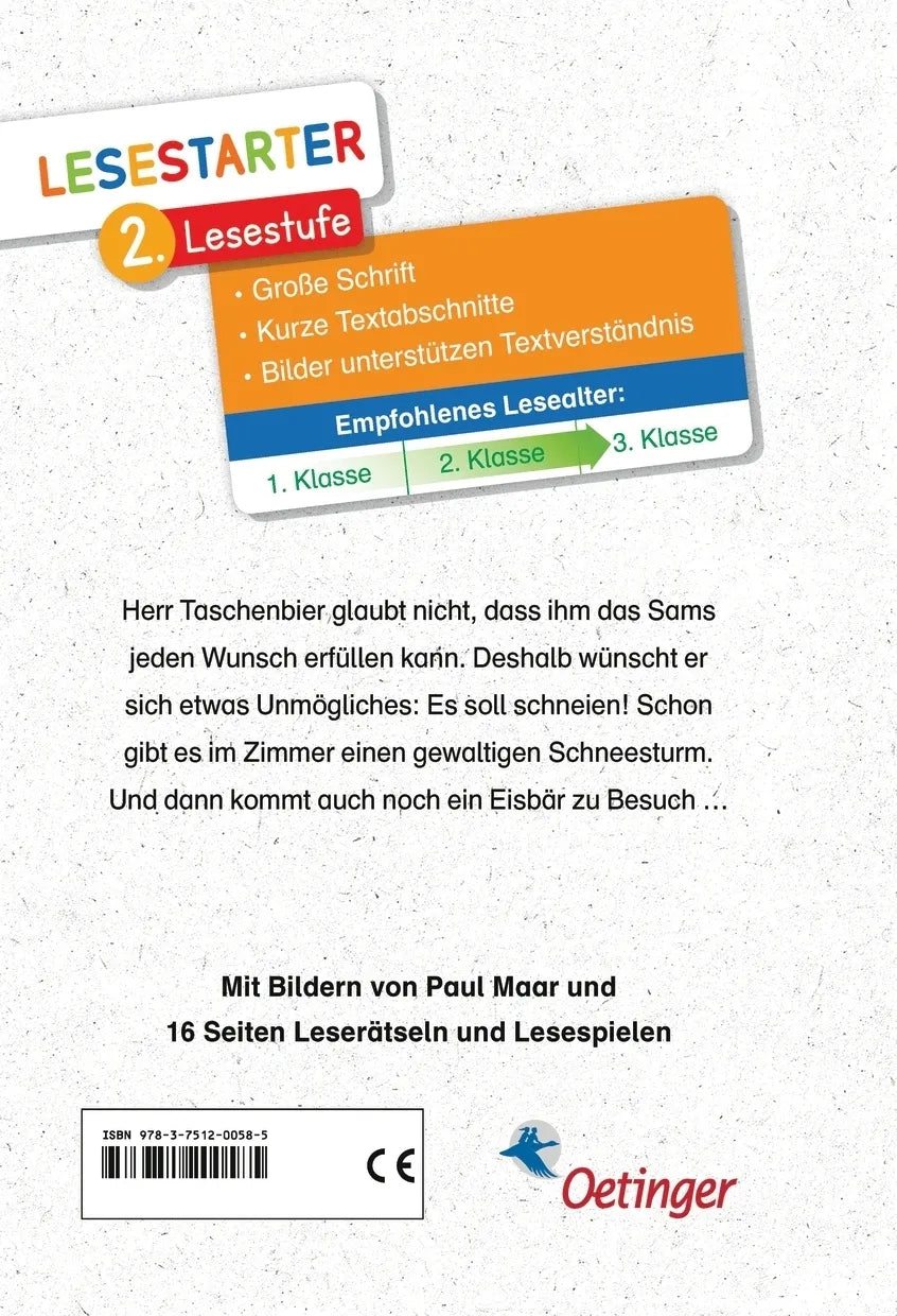 Buchrückseite von 'Das Sams und der blaue Wunschpunkt' mit Klappentext - Gebundene Ausgabe