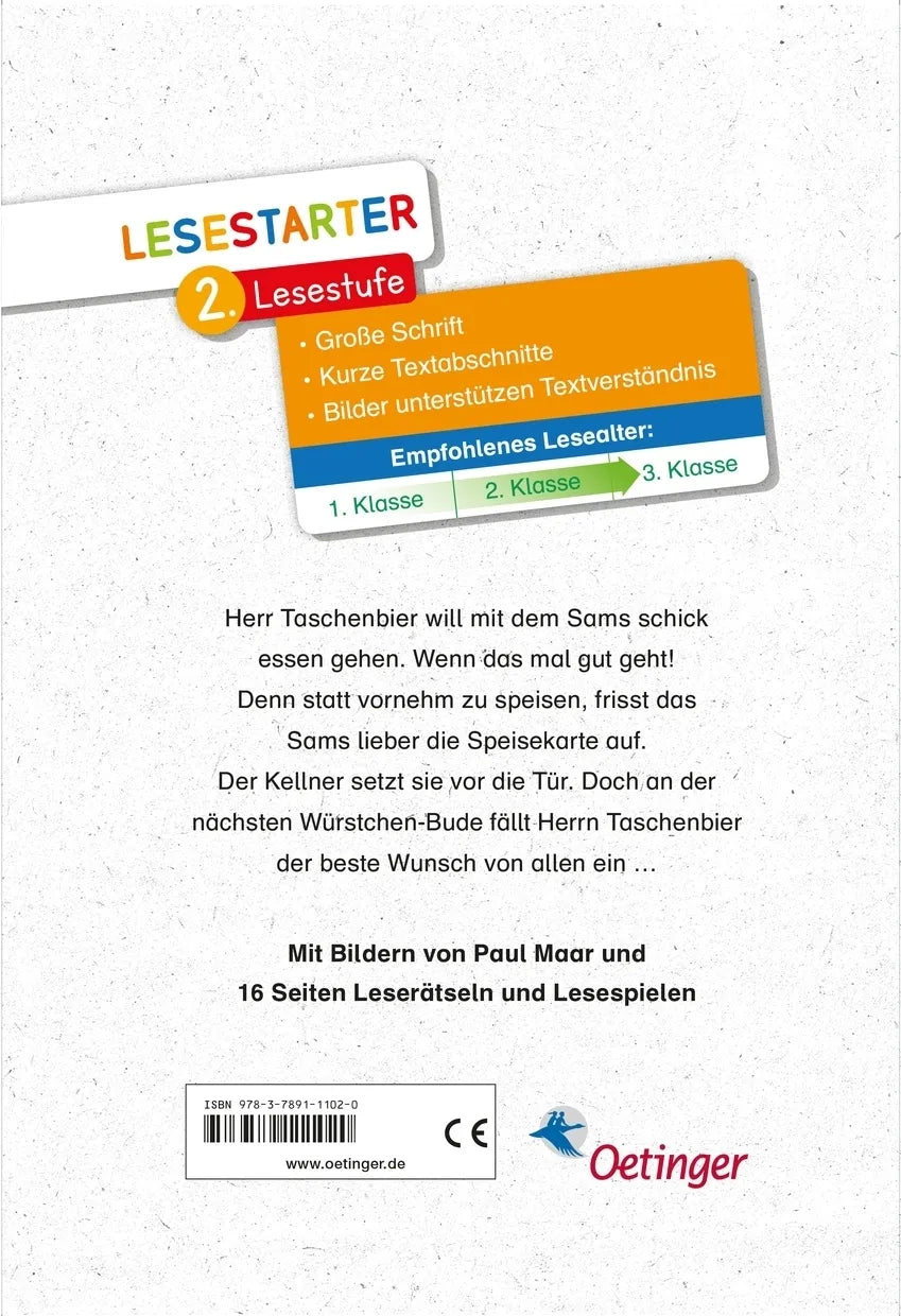 Buchrückseite von 'Das Sams und die Wunsch-Würstchen' mit Klappentext - Gebundene Ausgabe