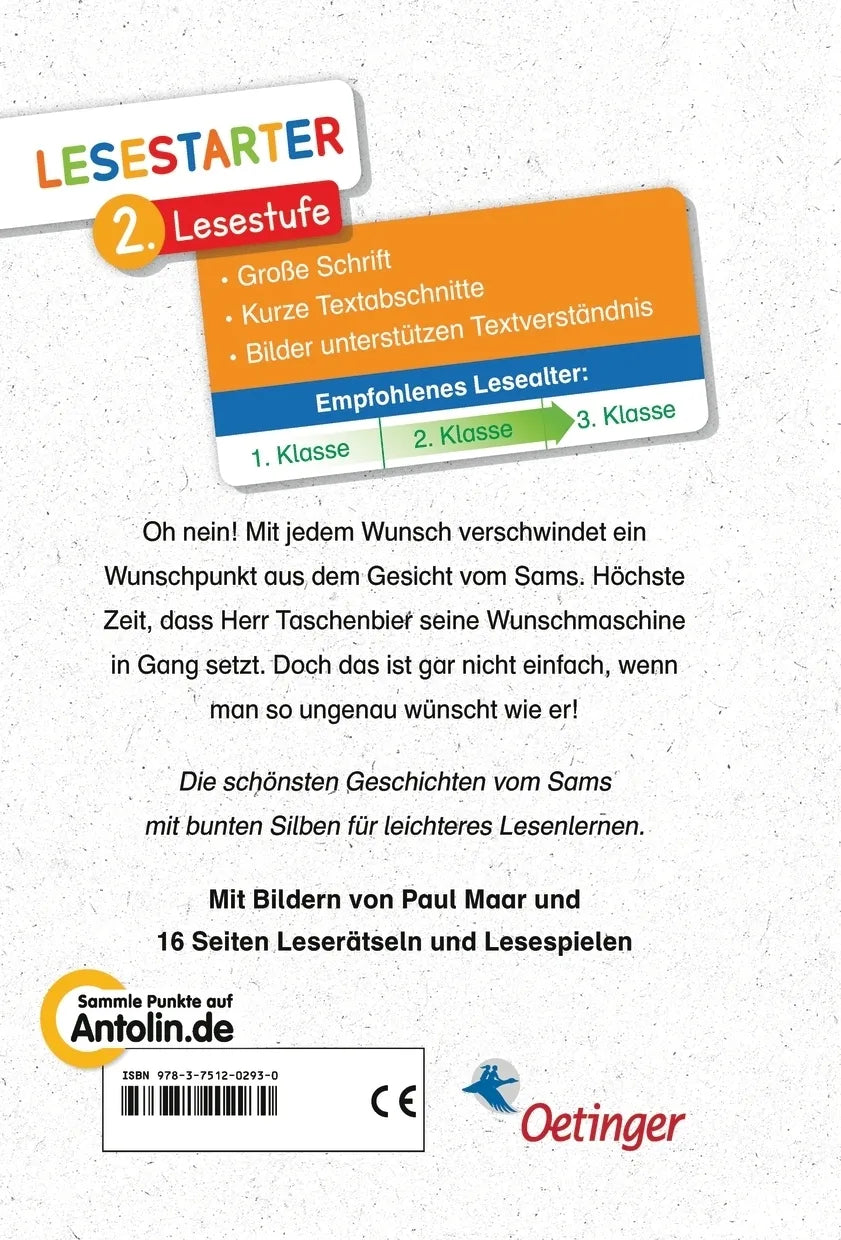 Buchrückseite von 'Das Sams und die Wunschmaschine' mit Klappentext - Gebundene Ausgabe