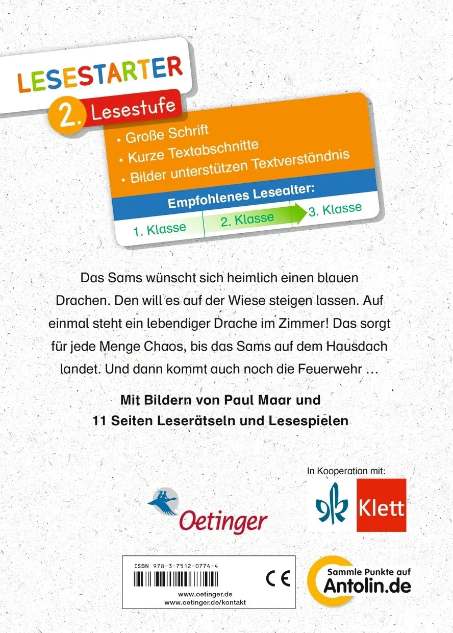 Buchrückseite von 'Das Sams wünscht sich einen Drachen' mit Klappentext - Gebundene Ausgabe