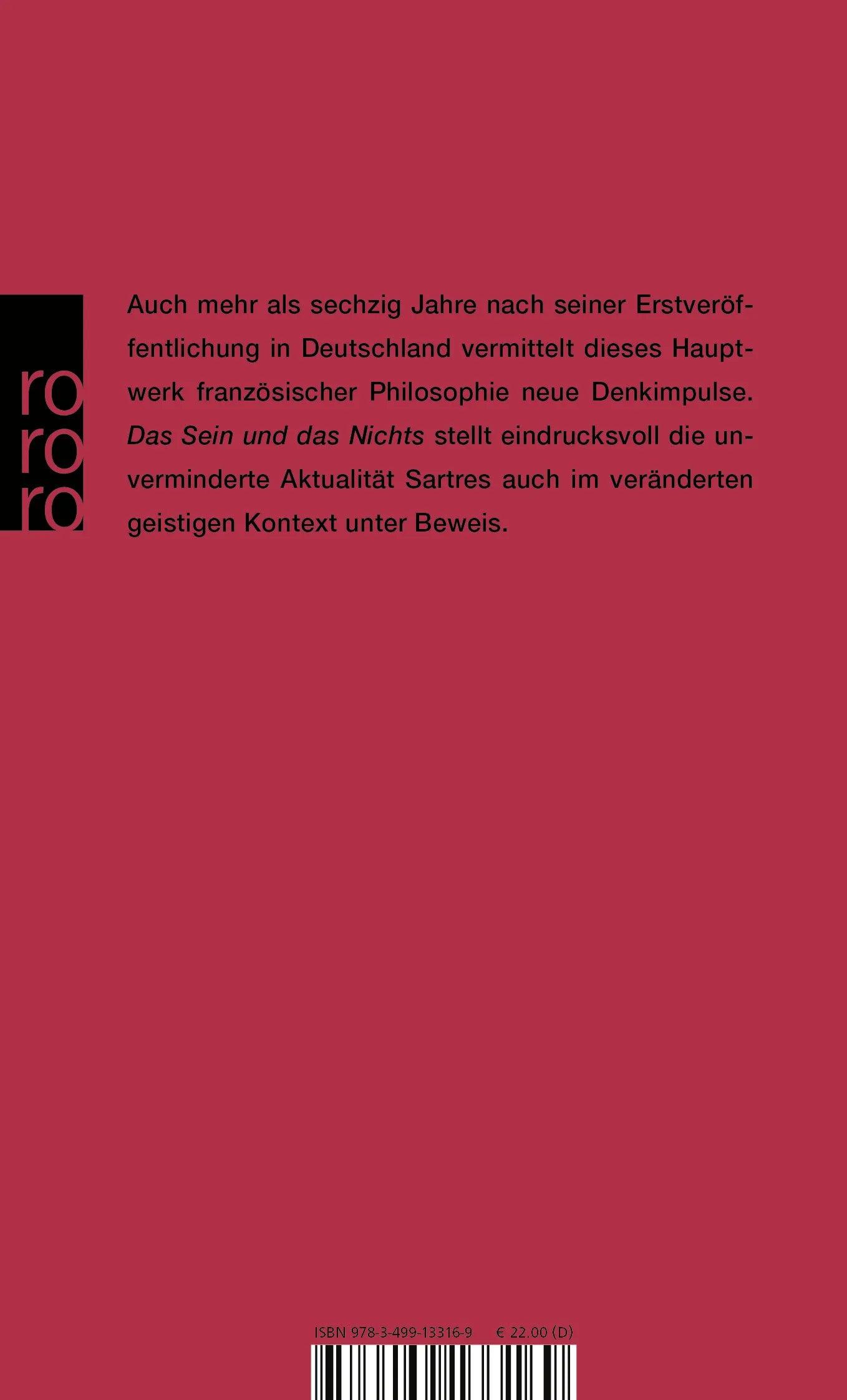 Buchrückseite von 'Das Sein und das Nichts' mit Klappentext - Taschenbuch