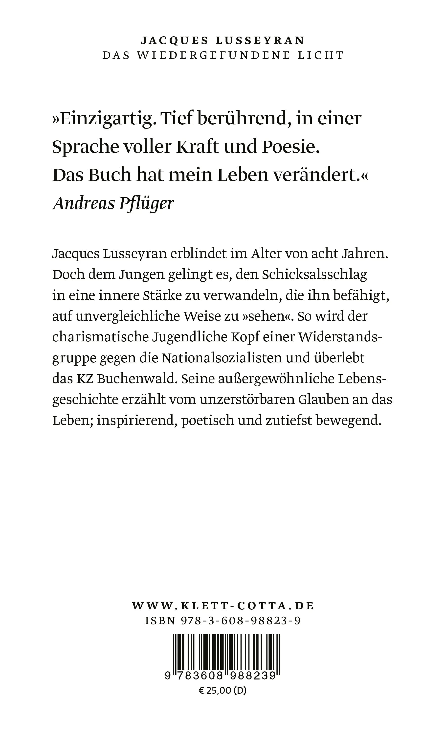 Buchrückseite von 'Das wiedergefundene Licht' mit Klappentext - Gebundene Ausgabe