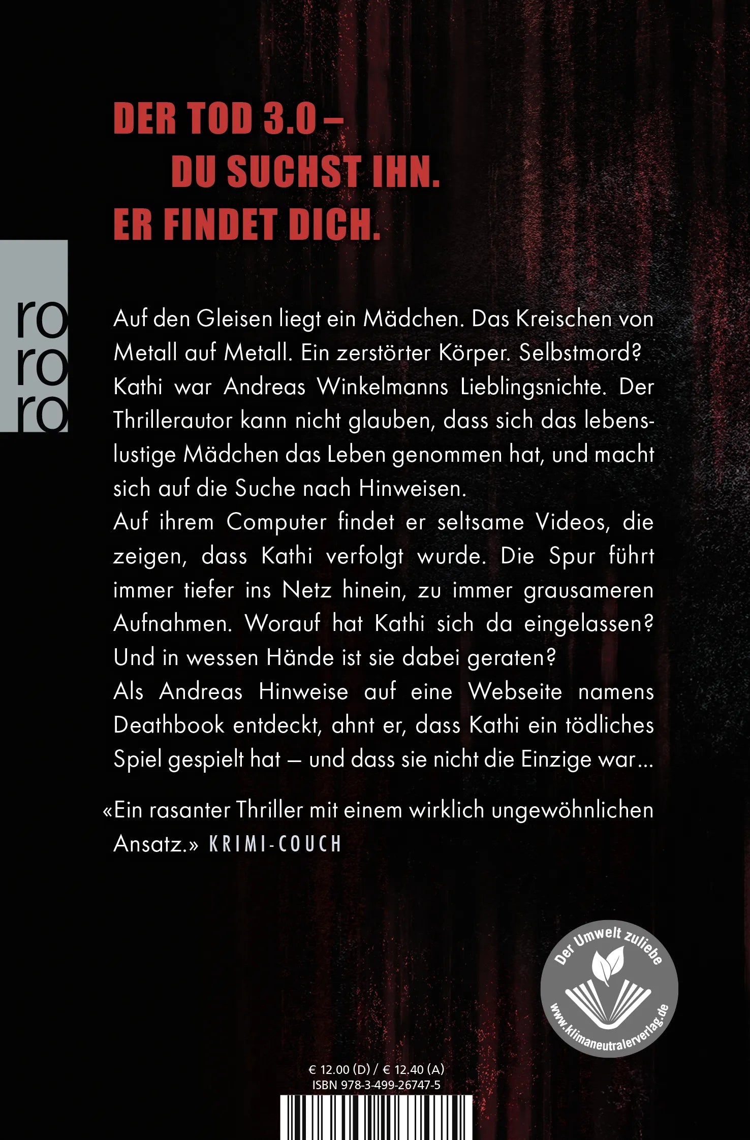 Buchrückseite von 'Deathbook' mit Klappentext - Taschenbuch
