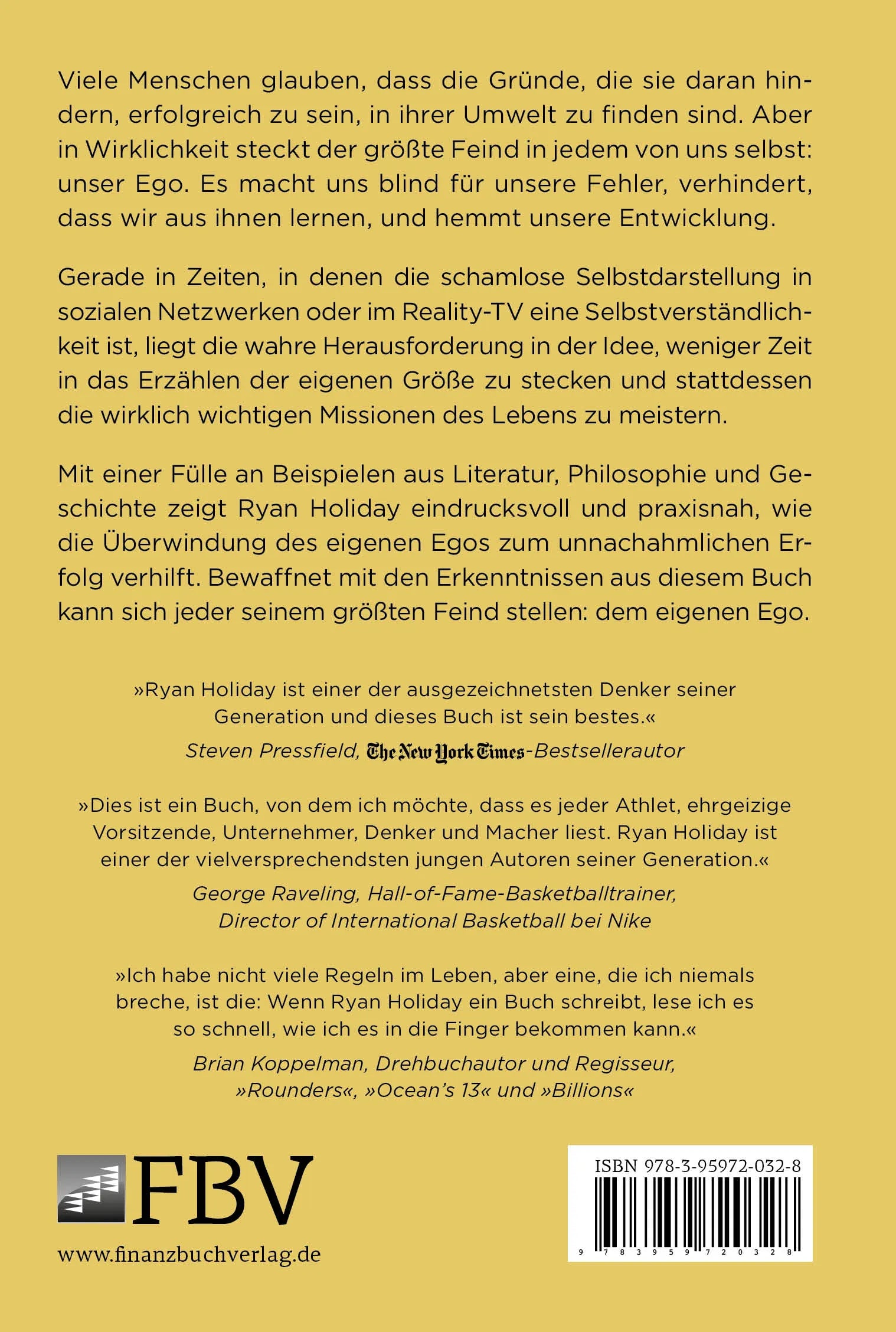 Buchrückseite von 'Dein Ego ist dein Feind' mit Klappentext - Gebundene Ausgabe