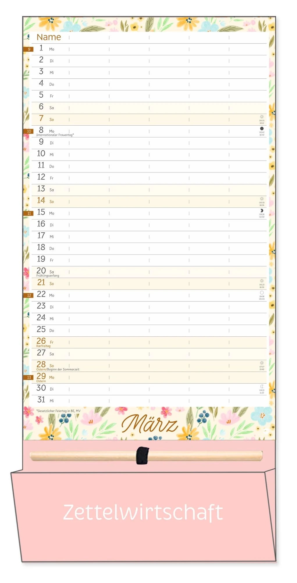 Deko-Familienplaner mit Tasche Flower Time 2027 – Ansicht
