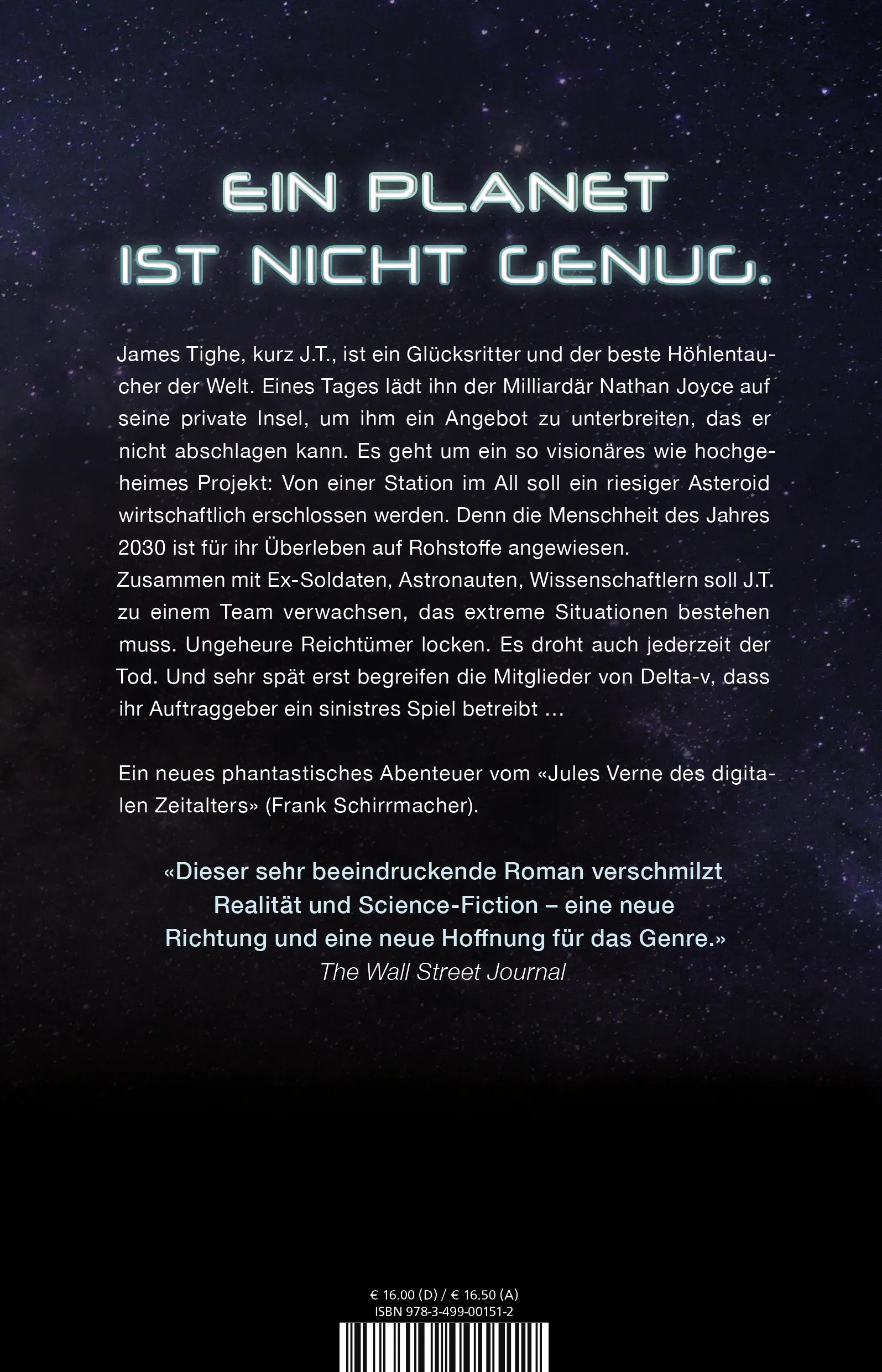 Buchrückseite von 'Delta-v' mit Klappentext - Paperback
