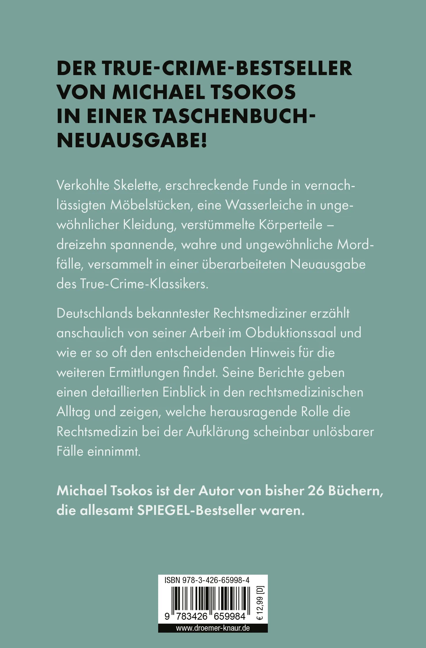 Buchrückseite von 'Dem Tod auf der Spur' mit Klappentext - Taschenbuch